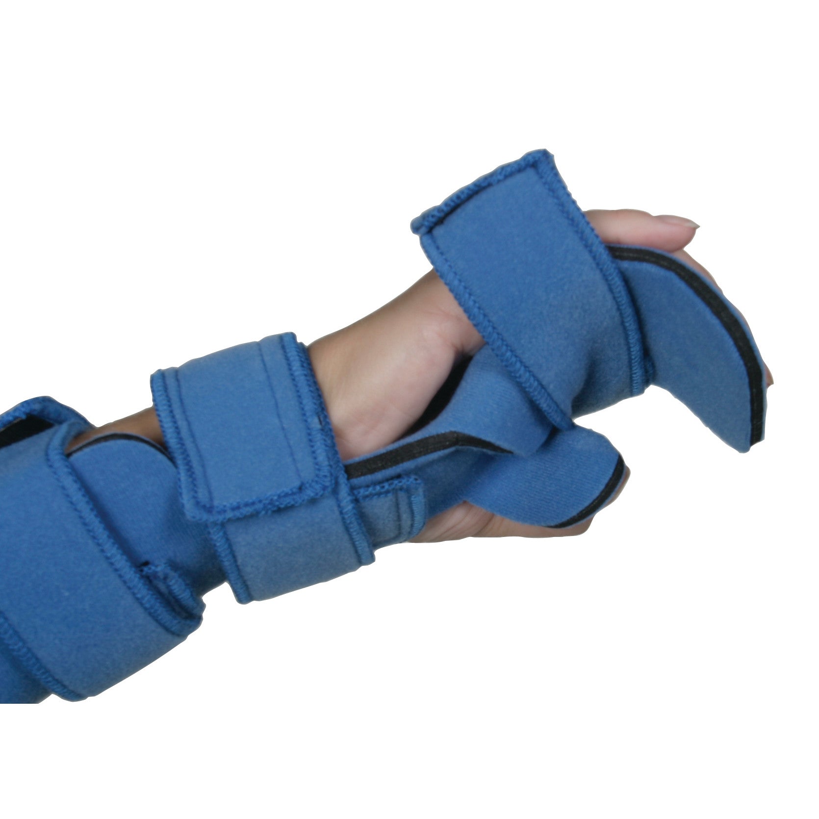 A hand wearing a blue "Comfy Splints Adult Hand/Thumb Orthosis," featuring adjustable straps for support and stability.