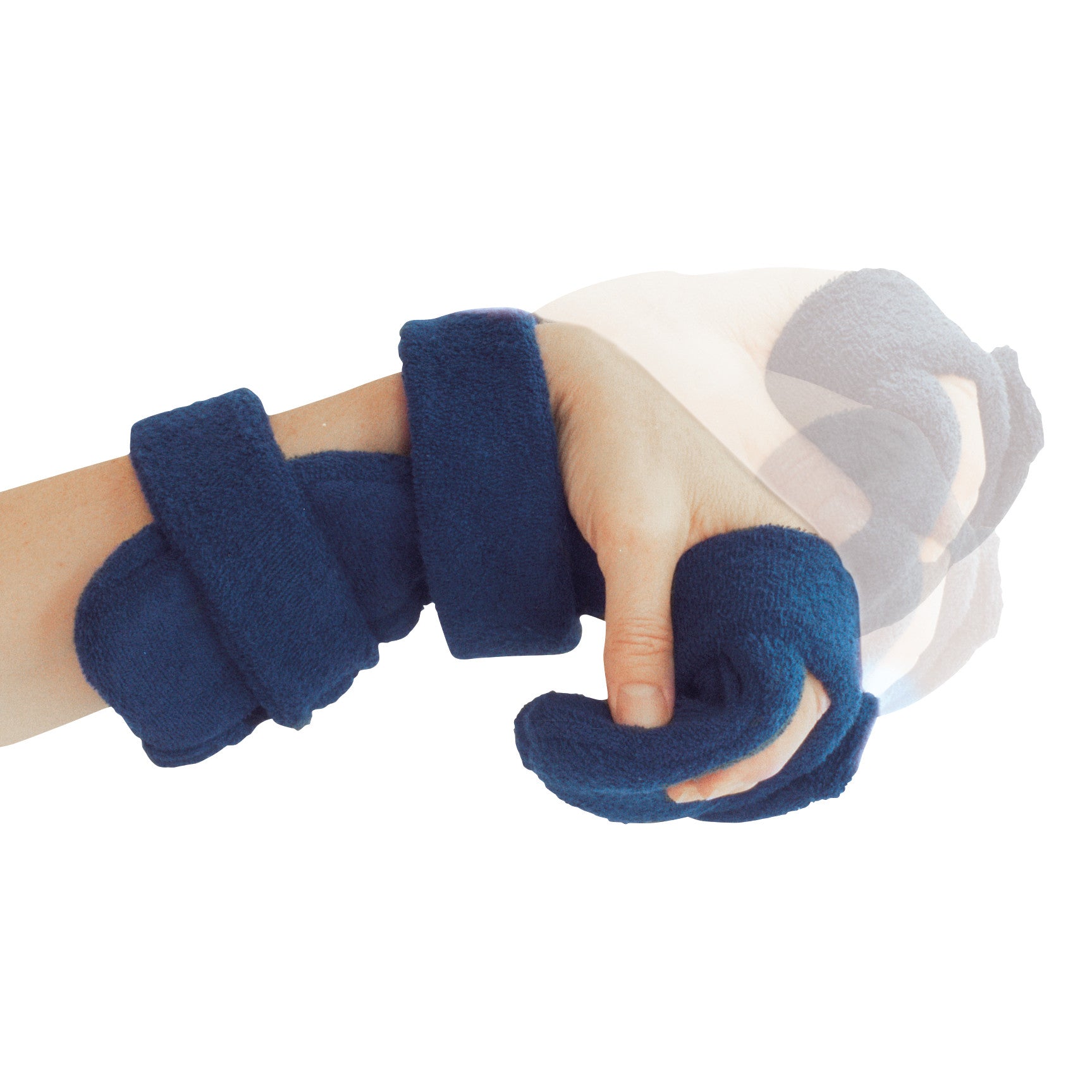 A hand is shown wearing the Comfy Splints Adult Goniometer Hand/Wrist Orthosis, made of soft blue fabric with adjustable straps.