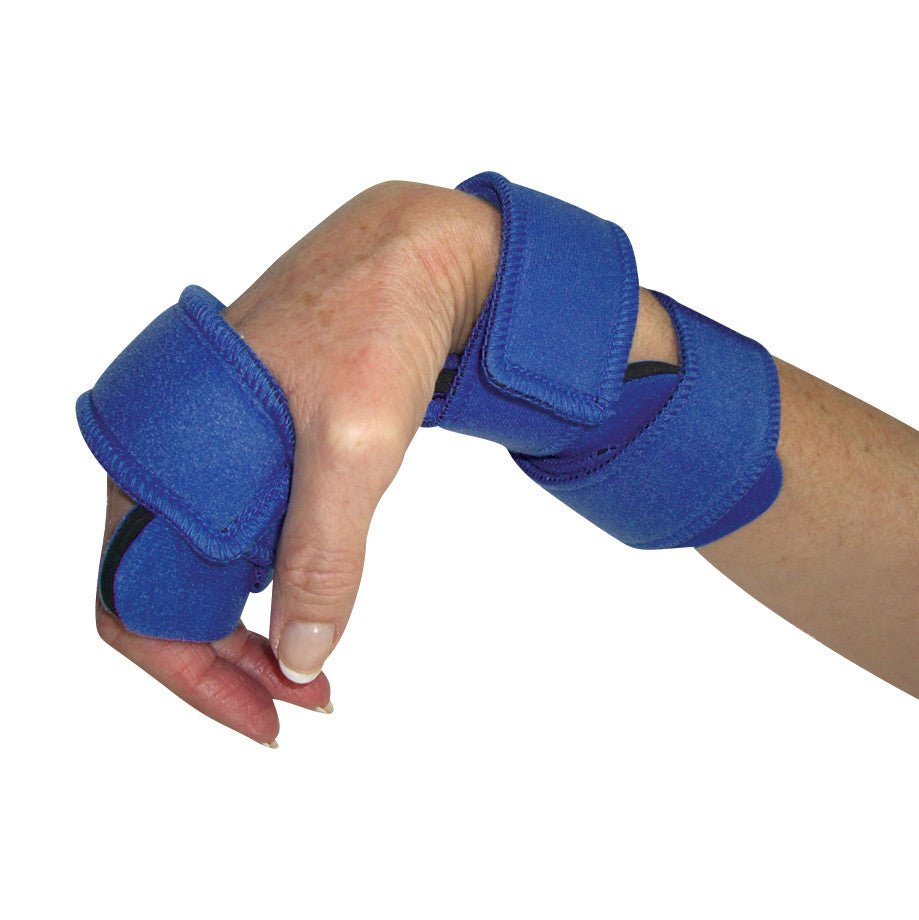 A hand wearing a blue Comfy Splints Adult Wrist Cock-Up Orthosis, providing support and immobilization with adjustable straps.