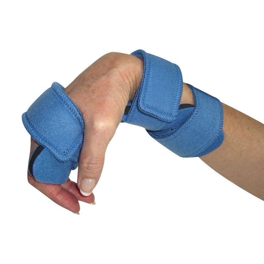 A hand wearing a blue Comfy Splints Adult Wrist Cock-Up Orthosis, providing wrist support with adjustable straps.