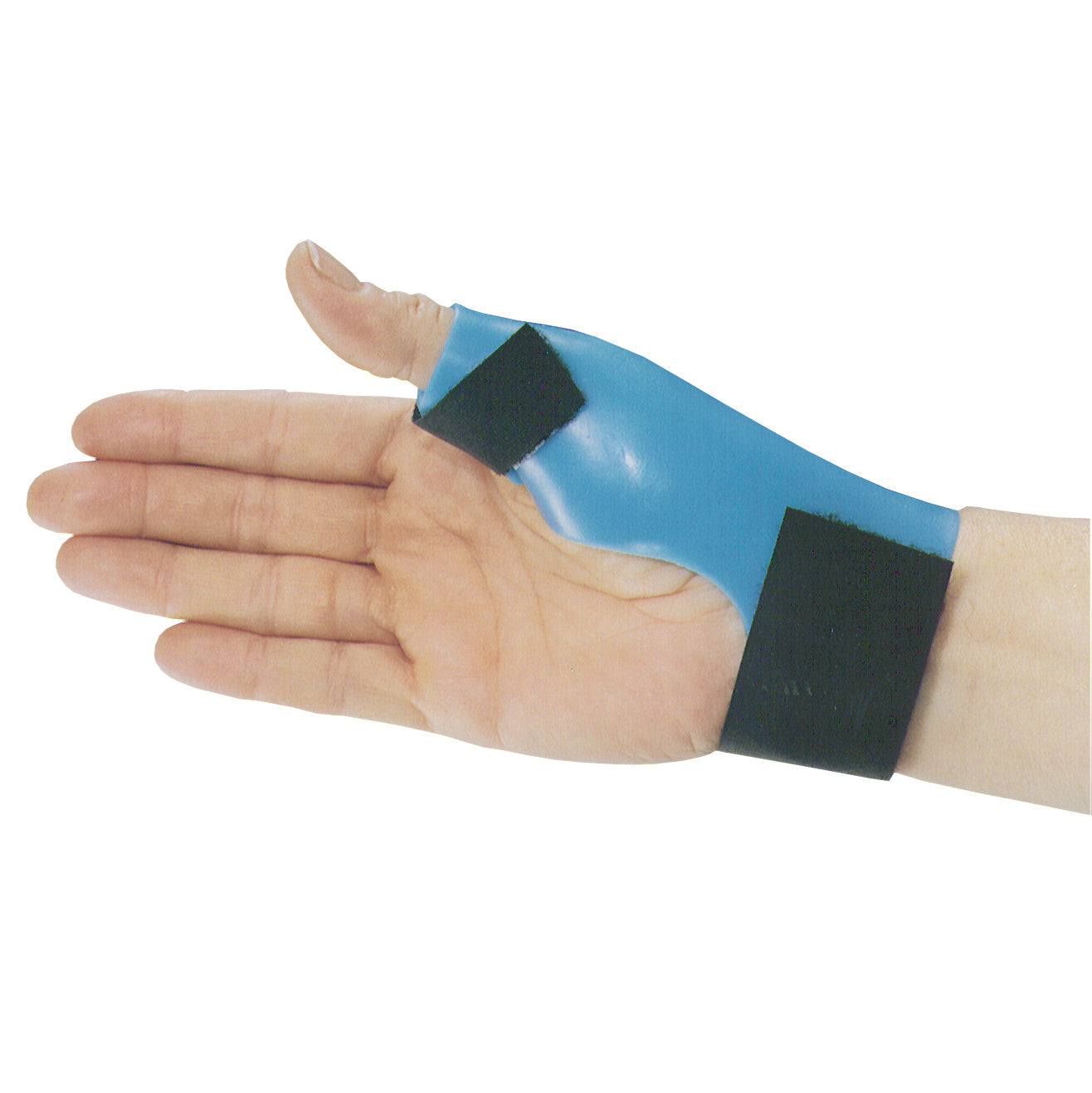 A hand wearing an AliMed SportsFit Wrist/Hand/Thumb Orthosis in blue with black straps. The orthosis supports the wrist and thumb.