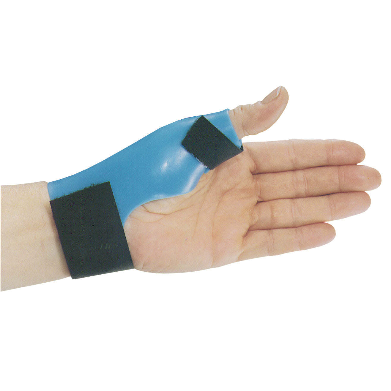 A hand wearing the AliMed SportsFit Wrist/Hand/Thumb Orthosis in blue, securing with black straps.