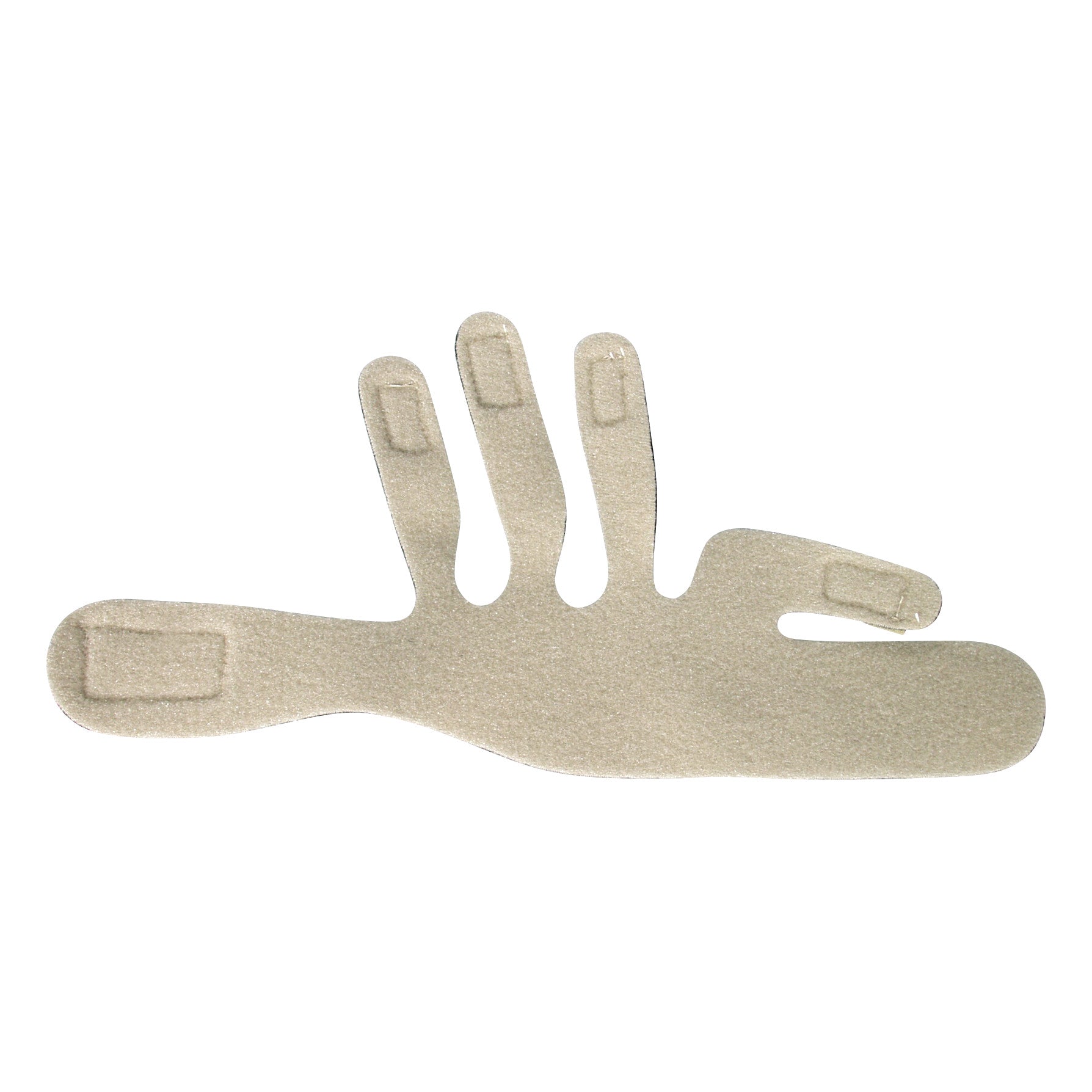 The AliMed Ulnar Deviation Strap is shown in beige with multiple finger slots and hook and loop  fasteners, laid flat.