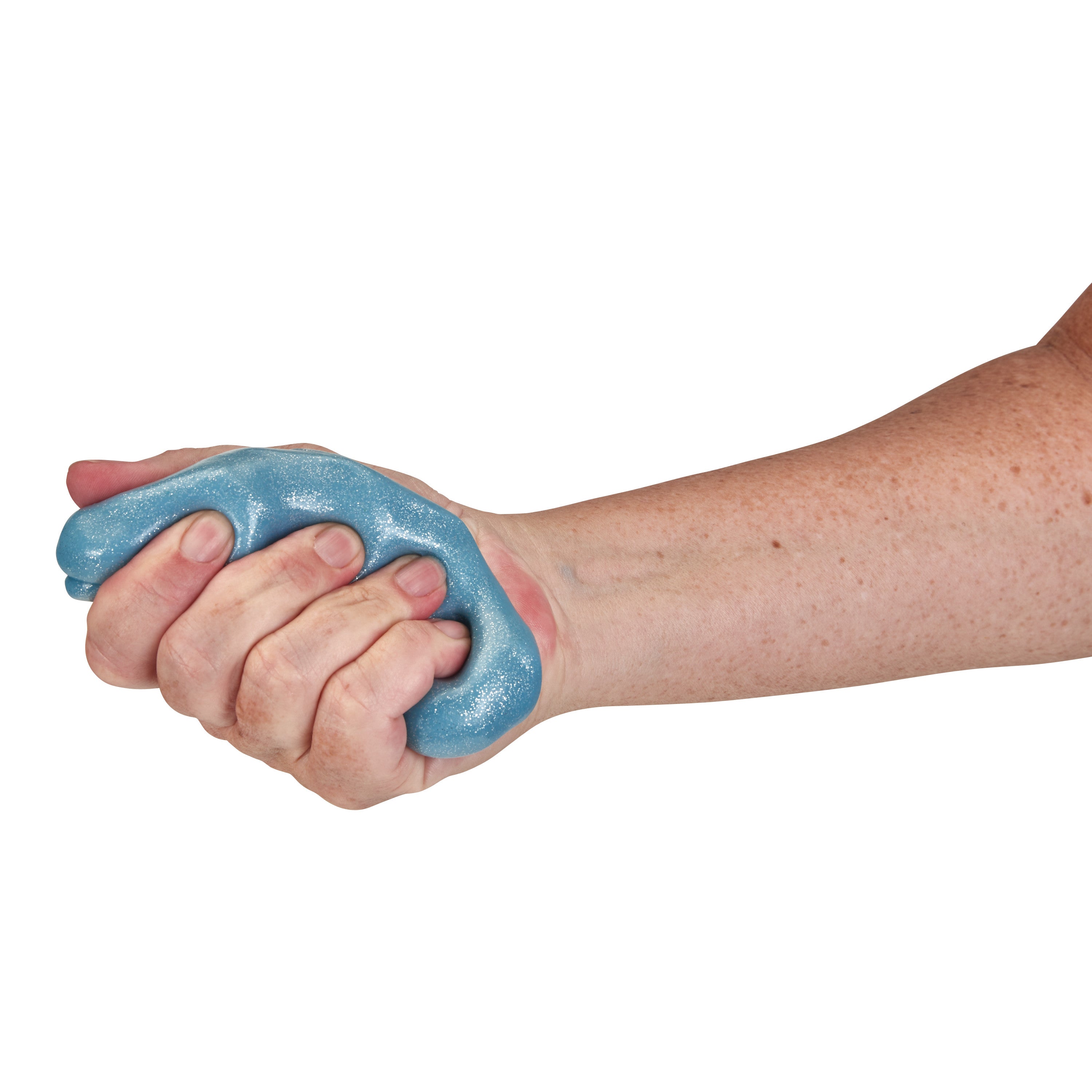 A hand squeezes blue AliMed EasyGlide Antimicrobial Therapy Putty, with a sparkly texture, against a white background.