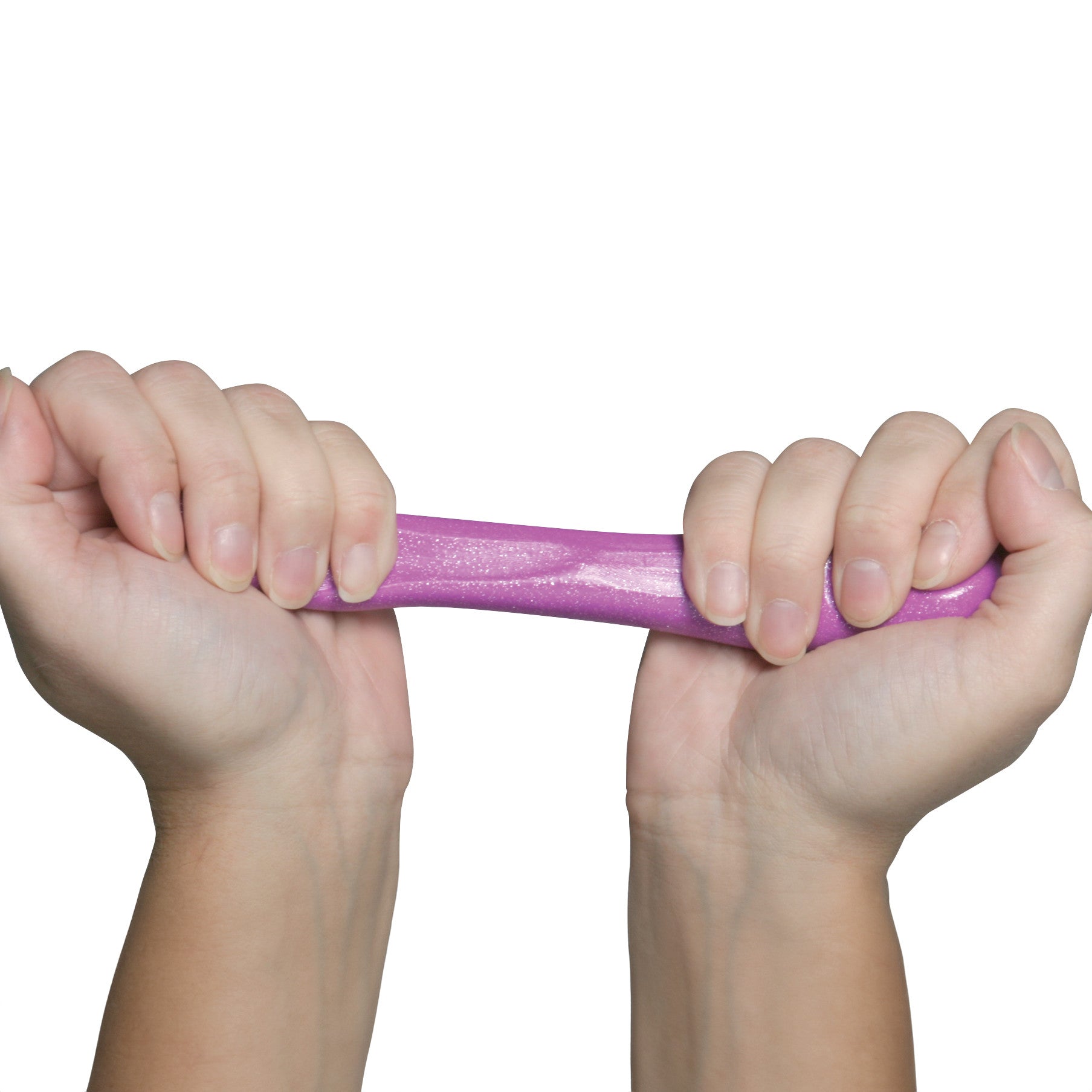 Hands stretch a piece of pink AliMed EasyGlide Antimicrobial Therapy Putty against a white background.