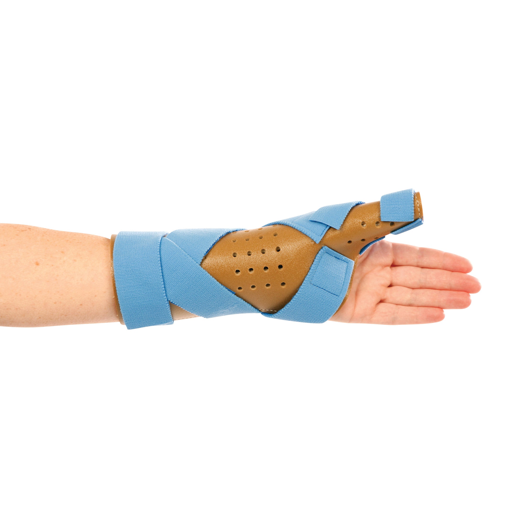 The AliMed FREEDOM Wrist/Thumb Spica is shown on an arm, featuring a brown support with holes and blue adjustable straps.