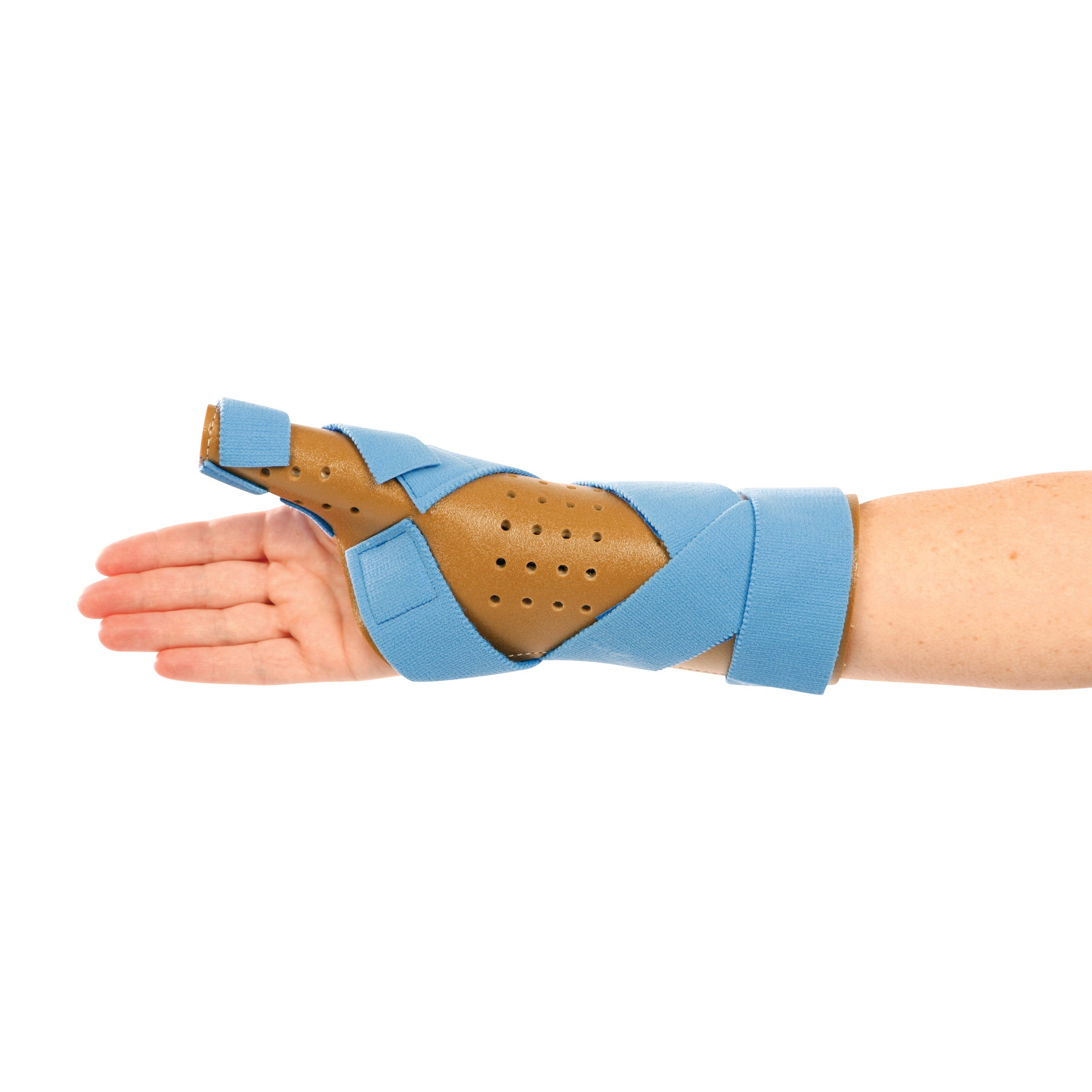 A hand wearing an AliMed FREEDOM Wrist/Thumb Spica, a blue and brown support brace with perforations for ventilation.