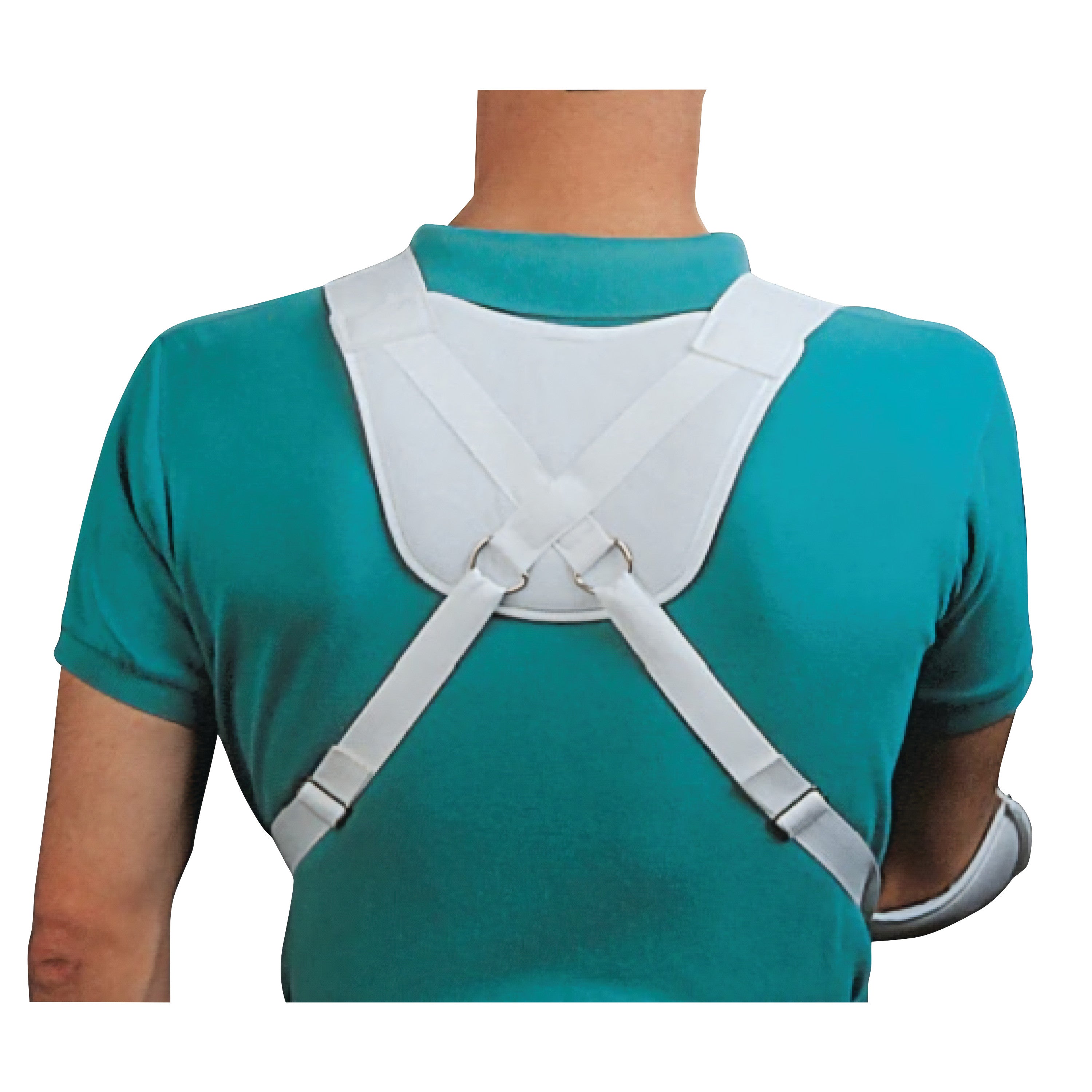 A person wearing a Harris Hemi-Arm Sling over a teal shirt, showing the back view with adjustable white straps and padding.