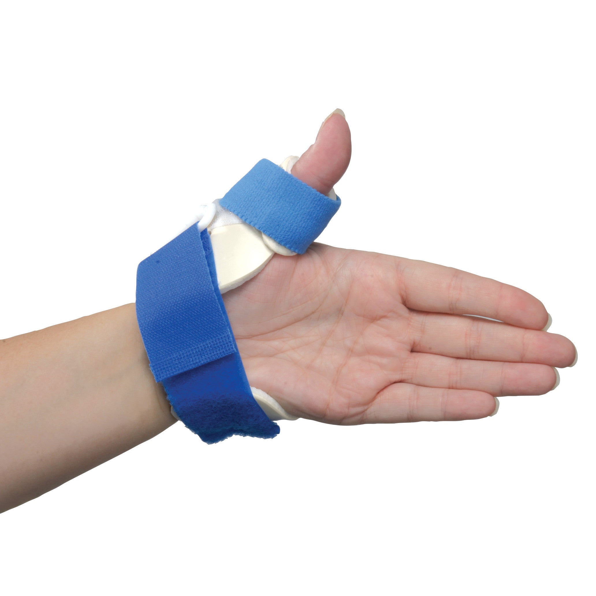 An arm wearing the AliMed FREEDOM Standard ThumbKeeper Splint. It's blue with straps and supports the thumb and wrist.