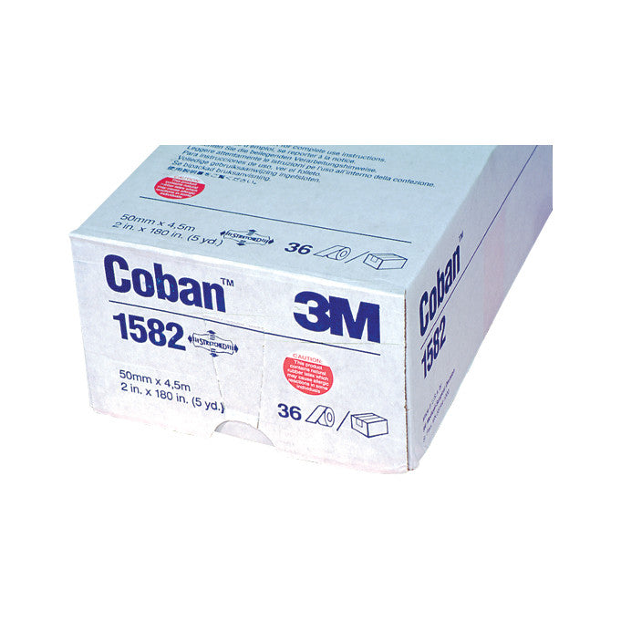 A box of 3M Coban Elastic Wrap, model number 1582, displays product details in blue text. Dimensions: 50mm x 4.5m.