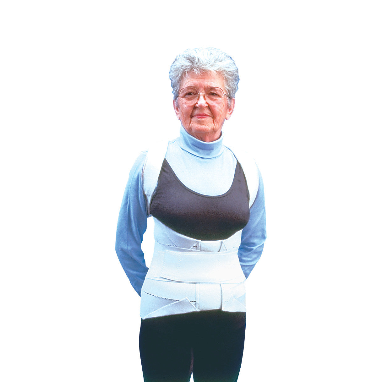 An older adult wearing a Lumbar and Thoracic Support over a light blue turtleneck and black garment, set against a plain background.