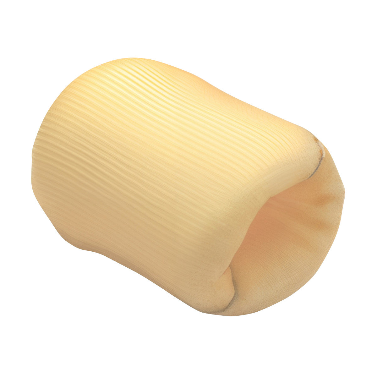 PediFix Polyfoam Nylon-Covered Toe Cap shown from an angle, featuring a ribbed, light beige texture and hollow interior.