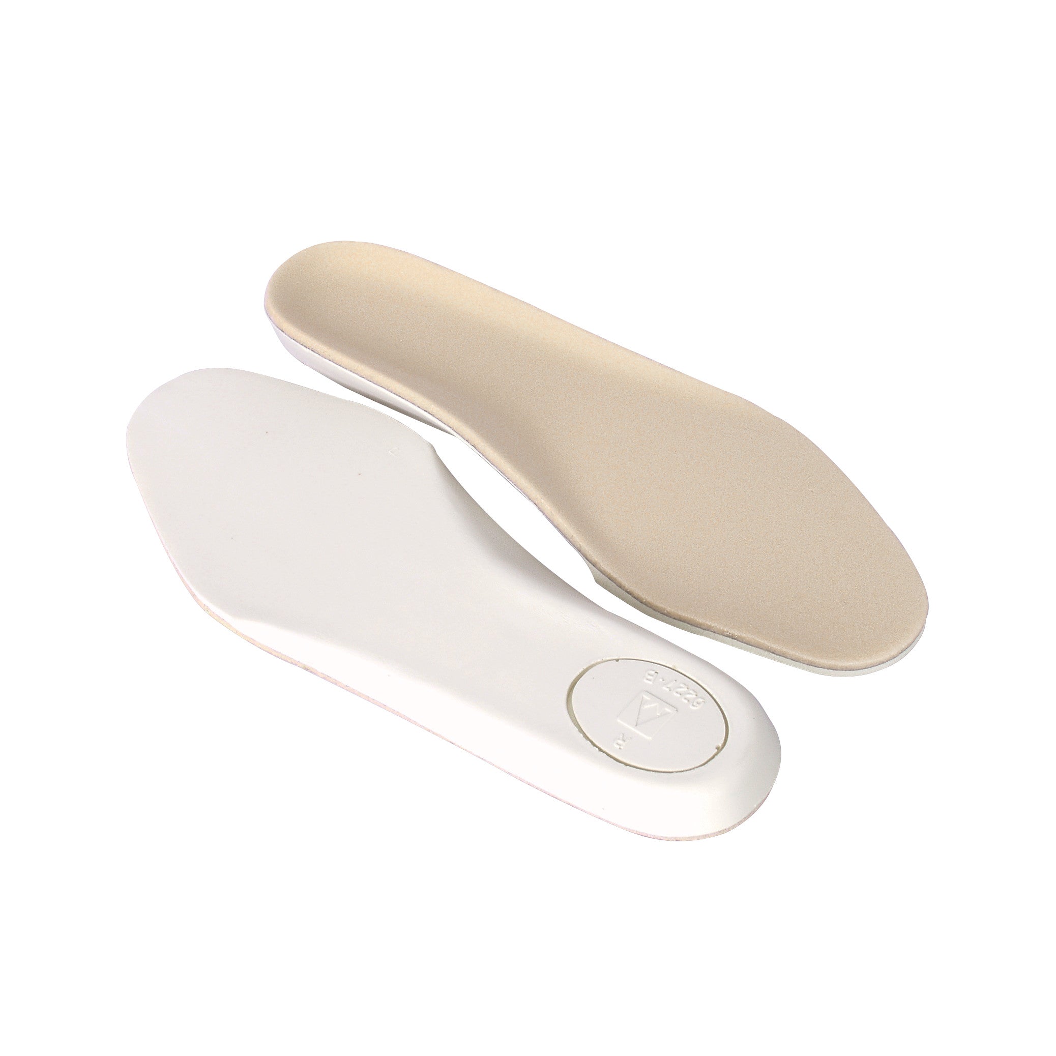 A pair of AliMed Duo/Laminate D-Soles in beige and white, designed as shoe inserts for foot support and comfort.