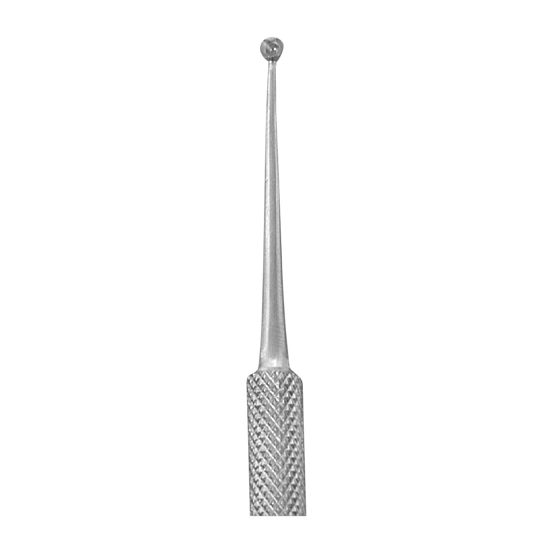 Close-up of a Double-Ended Curette with a textured handle and a small rounded tip on a white background.