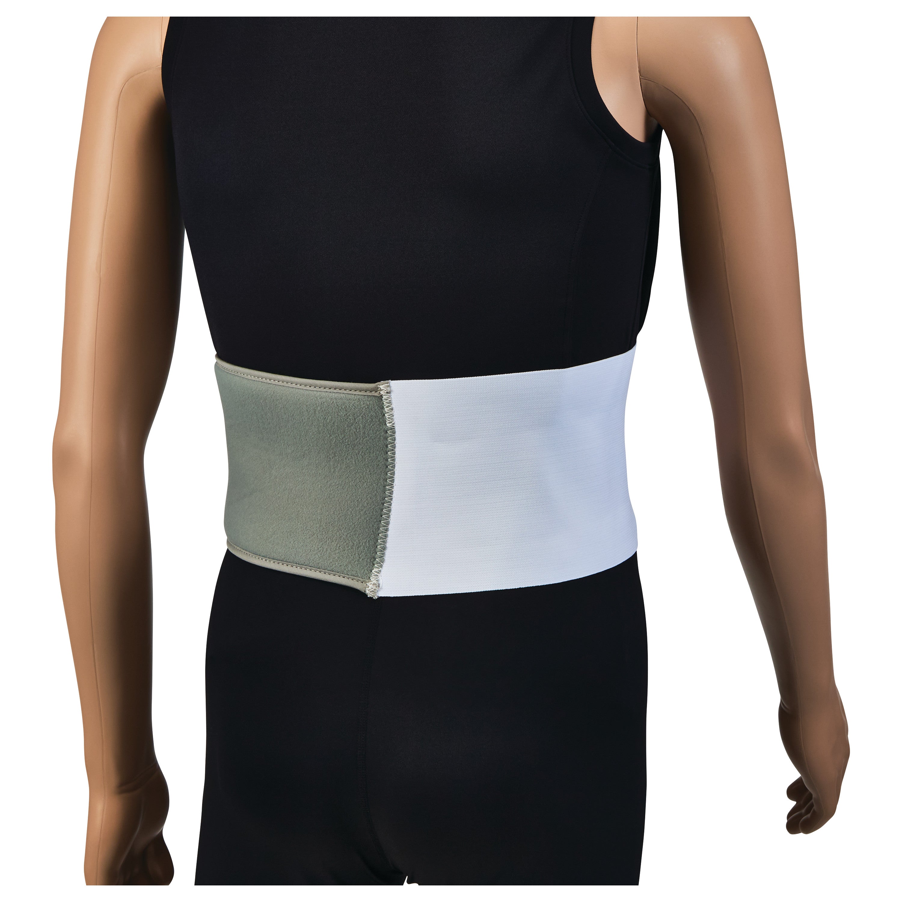 A mannequin wearing a Thoracic Rib Belt around its lower back. The belt is grey and white, shown over a black outfit.