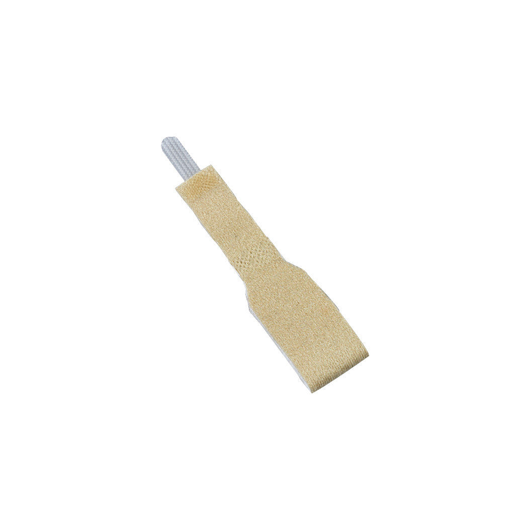 A beige 3pp Toe Loop with an adjustable strap and a small white fabric tab at the end, used for toe alignment or support.