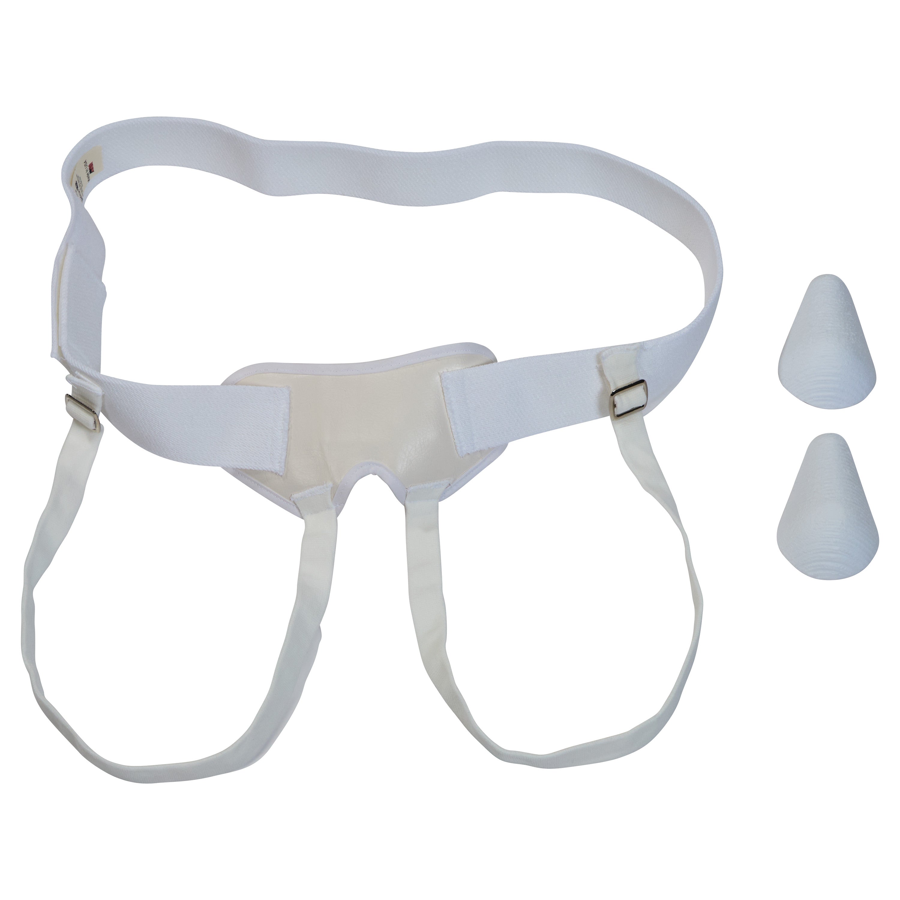AliMed Hernia Aid shown with a white adjustable belt, two leg straps, and removable pad inserts for support.