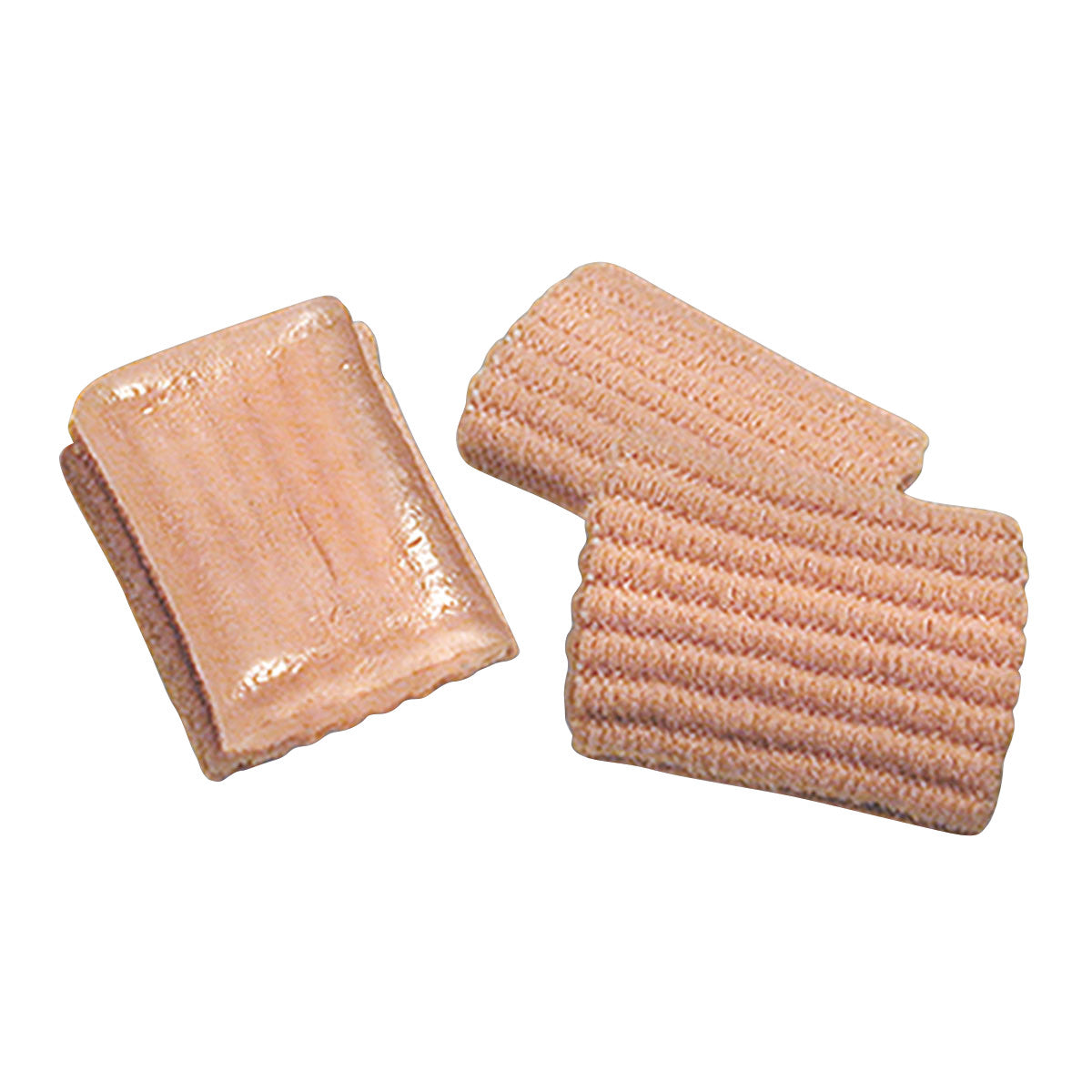 Three PediFix Visco-GEL Corn Pads are shown. They are flesh-toned, ribbed, and designed to cushion and relieve corns.