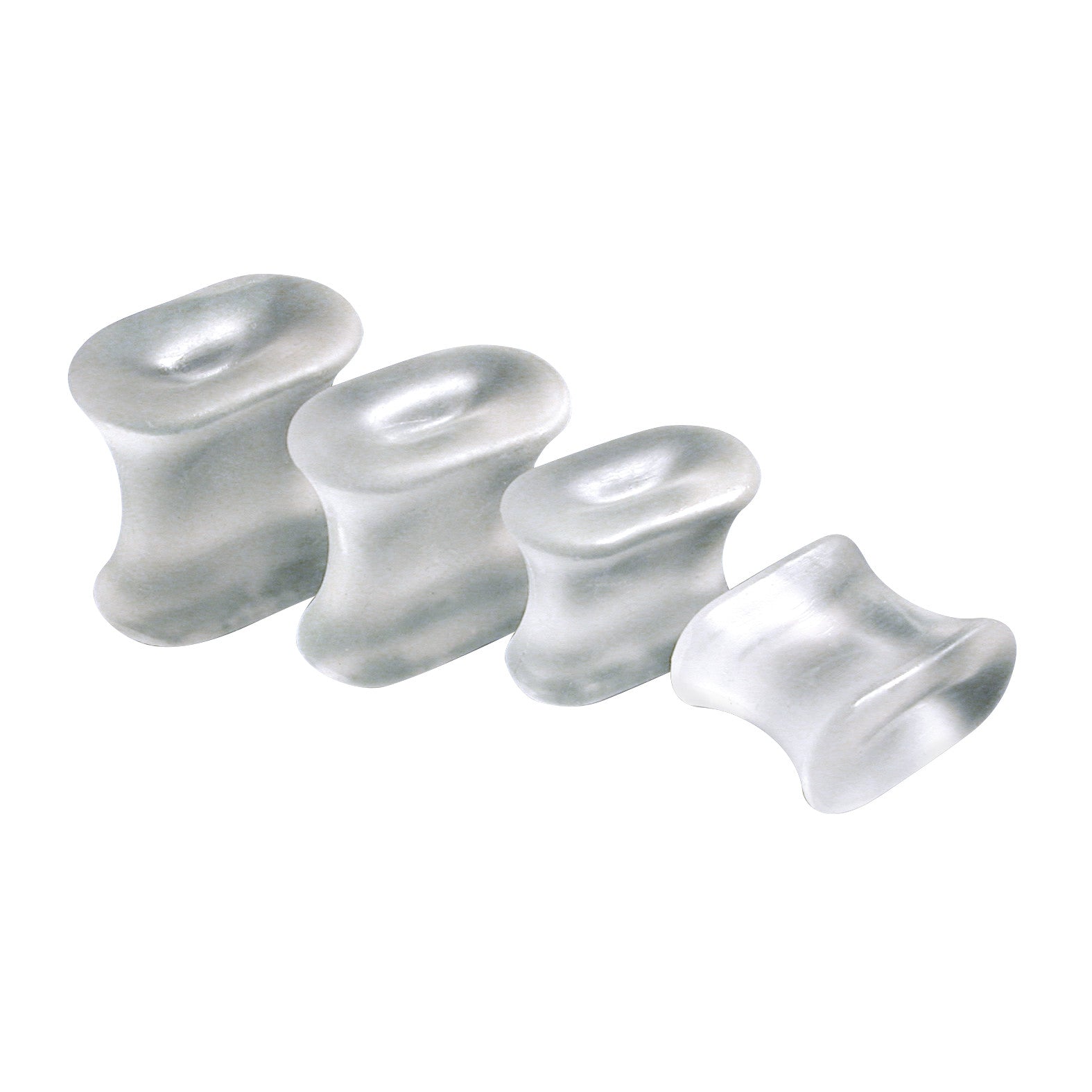 ViscoGEL Toe Spacers, four translucent gel separators arranged in a row, used for relieving toe discomfort and alignment.