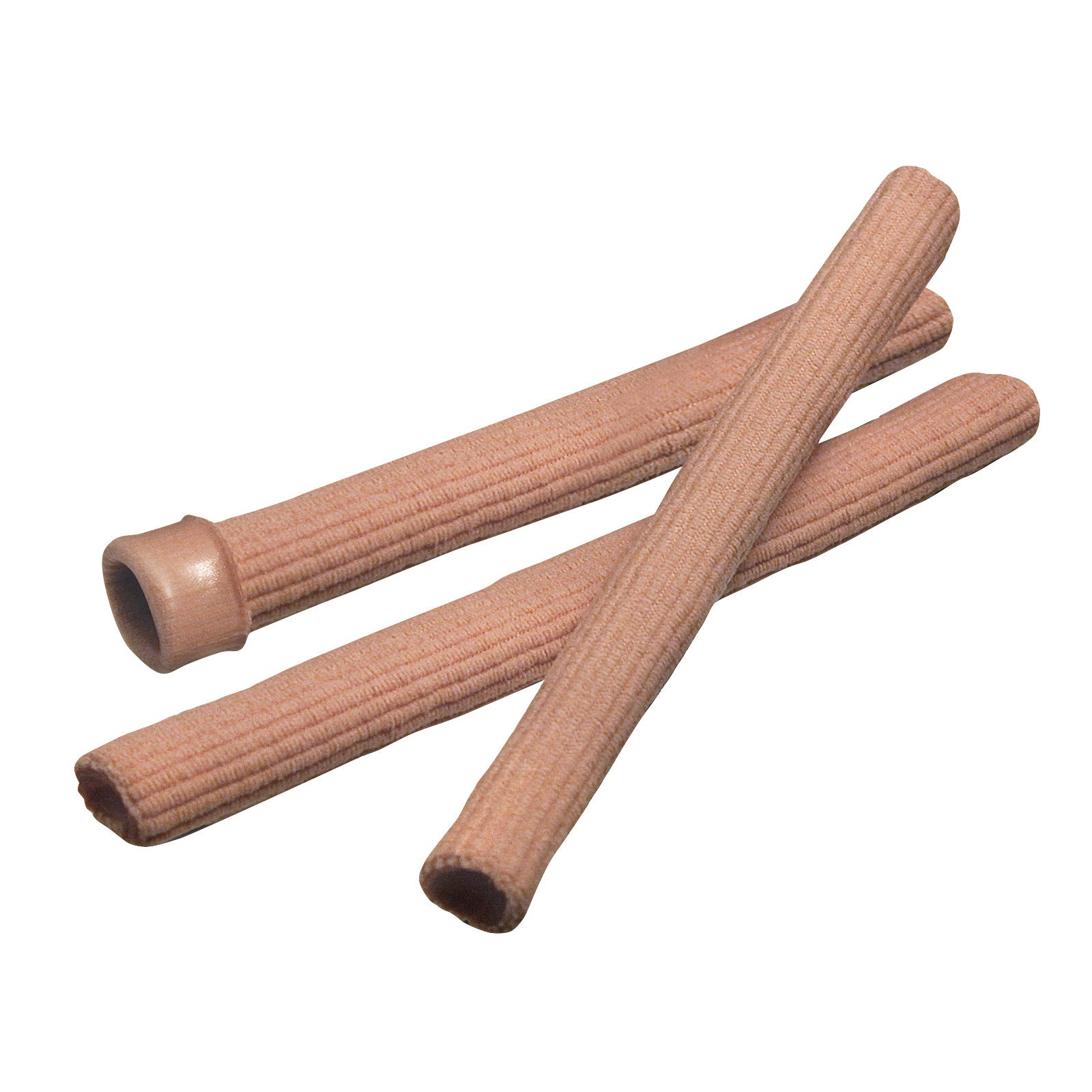 Three PediFix Visco-GEL Fully-Coated Digital Tubes, designed for toe protection, lying parallel and overlapping on a white background.