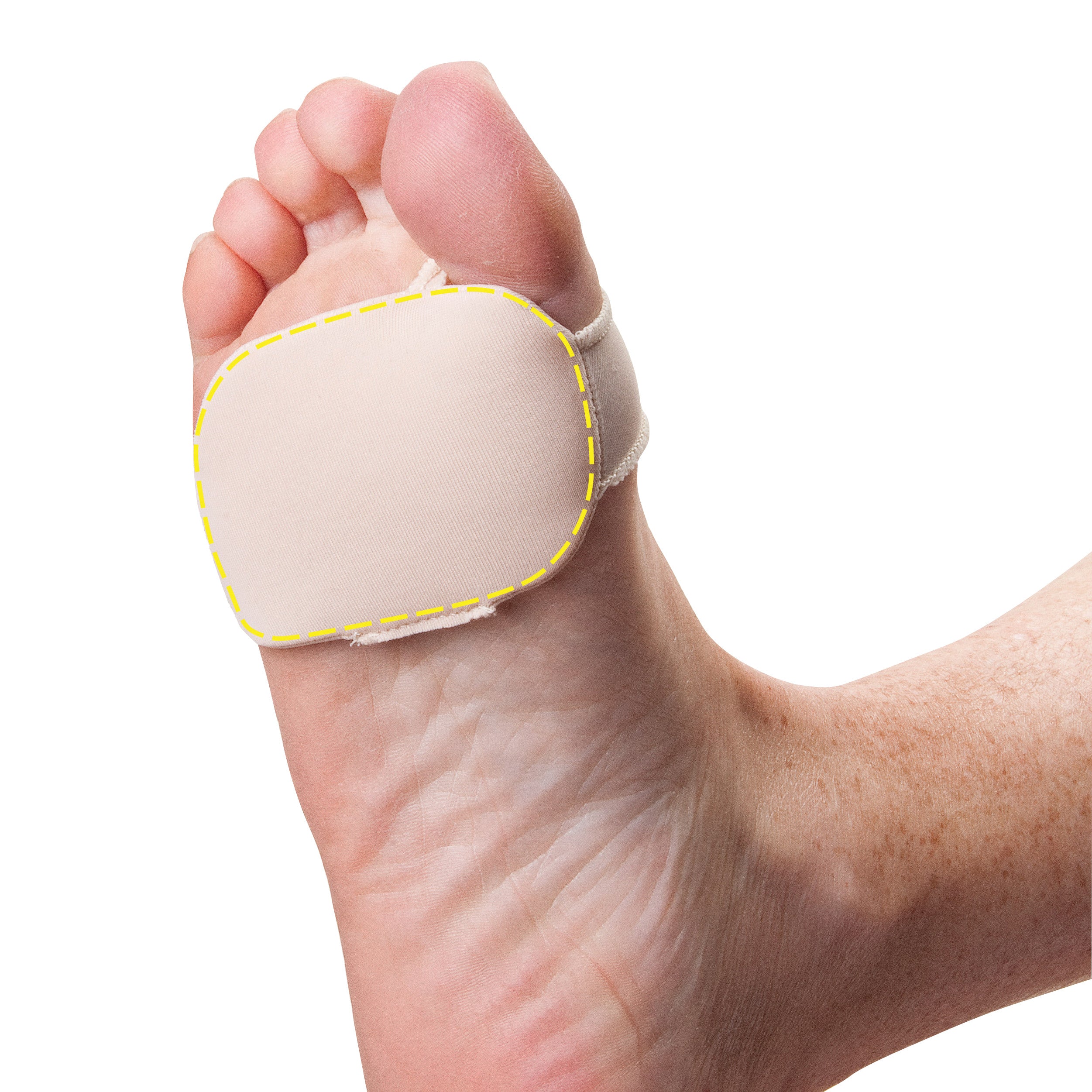 Foot wearing a PediFix Visco-GEL Silicone Thin Forefoot Cushion on the ball, providing cushioning and protection.