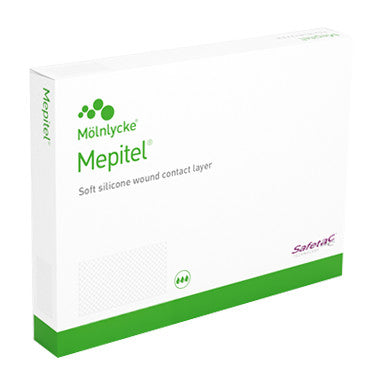 Packaging for Molnlycke Mepitel Soft Silicone Wound Contact Layer, featuring green and white design with product and brand names.