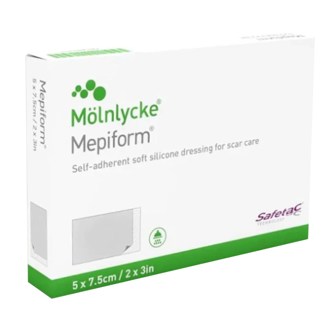 Box of Molnlycke Mepiform Self-Adherent Soft Silicone Dressing for scar care, size 5 x 7.5 cm (2 x 3 in).