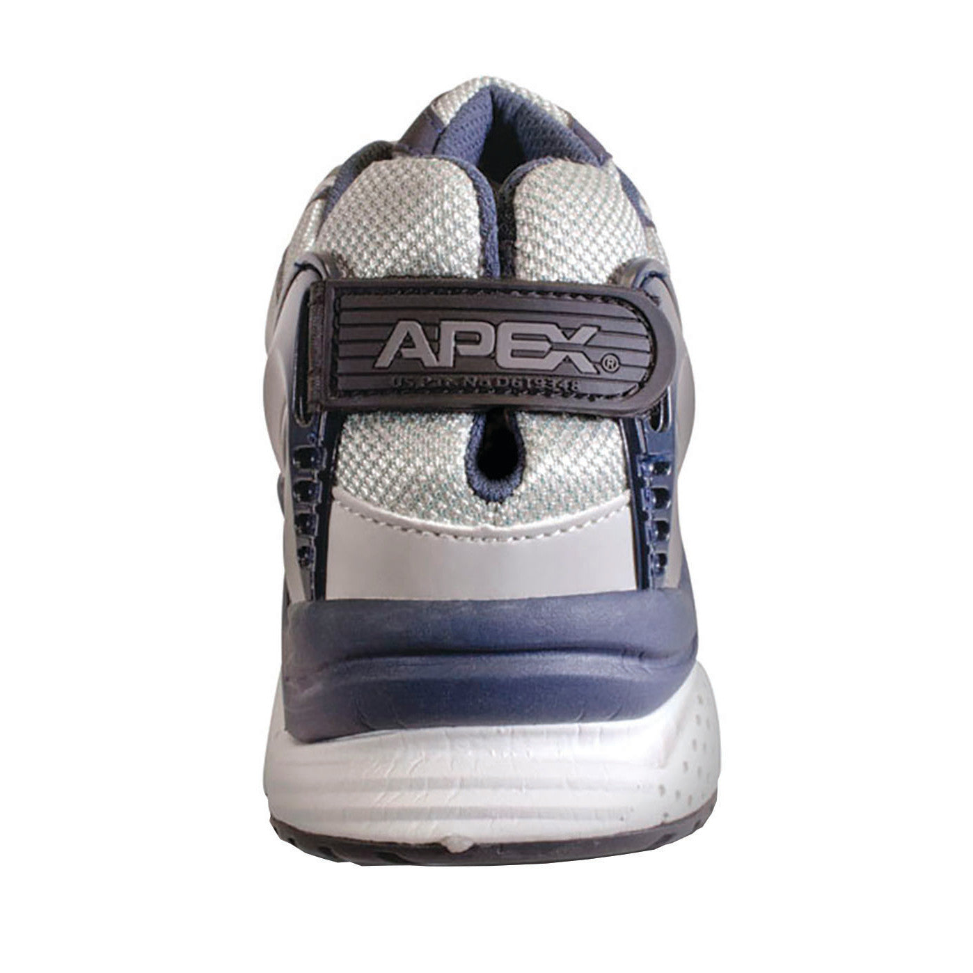 Rear view of Apex X-Last Men's Rhino Runner Active Shoes, featuring a grey mesh and blue accents with "APEX" on the heel strap.