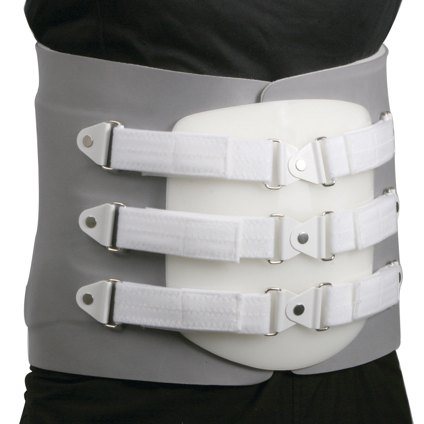 The AliMed TLSO back brace features a grey and white design with three adjustable straps for support.