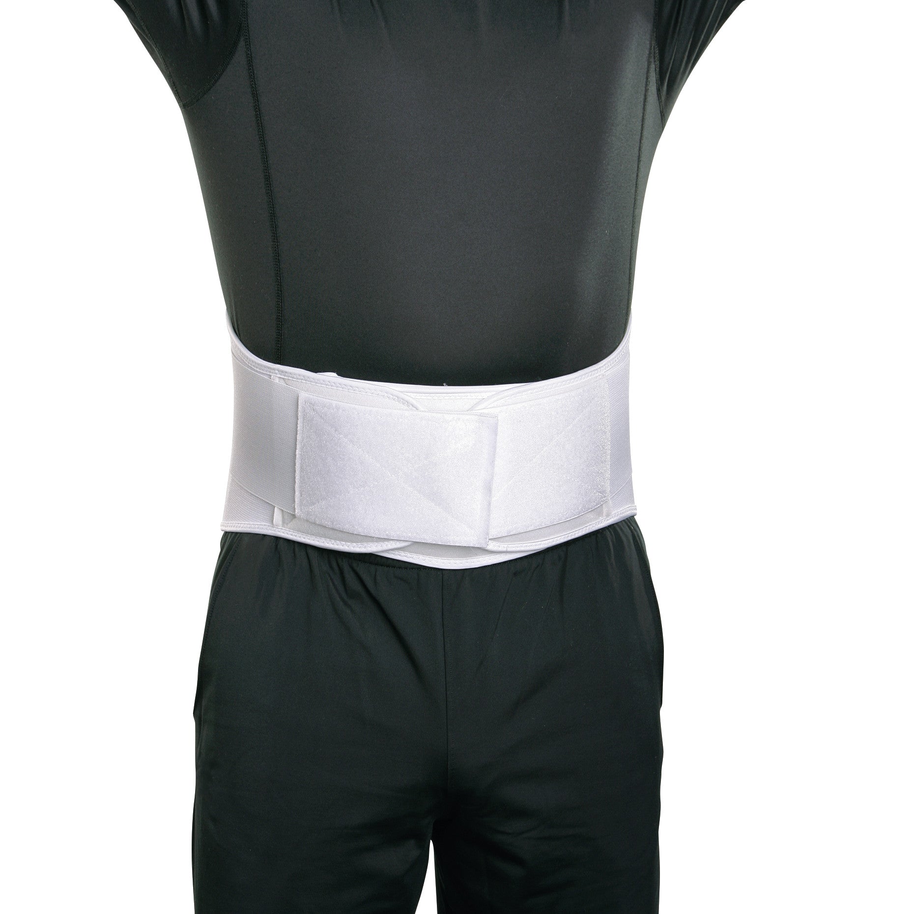 A person wears the AliMed Lumbar Orthosis with Anterior/Posterior Support around their waist, over a black shirt.