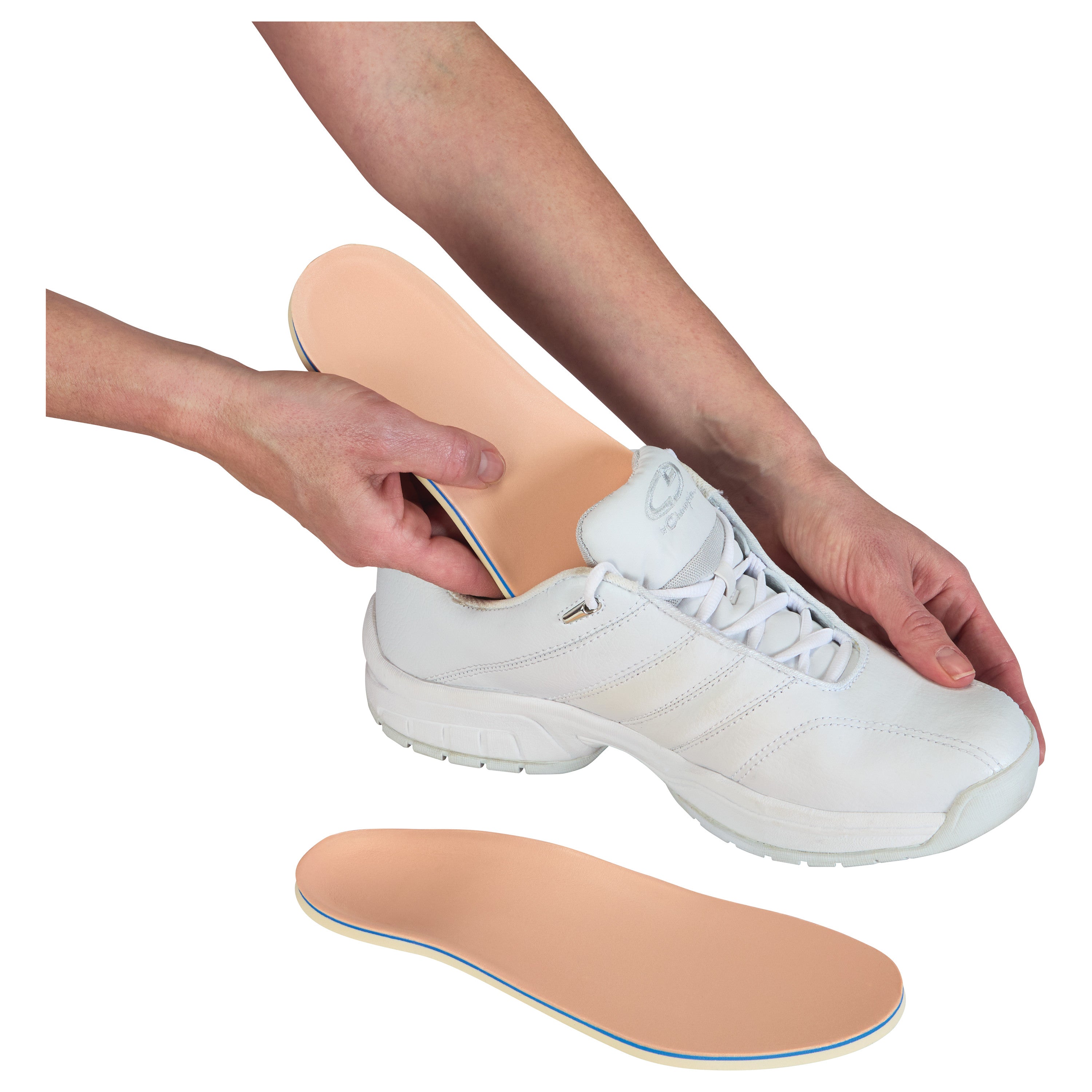 A person inserts an AliMed FREEDOM Trilaminate 1 Diabetic Insole into a white athletic shoe. Another insole is placed below.