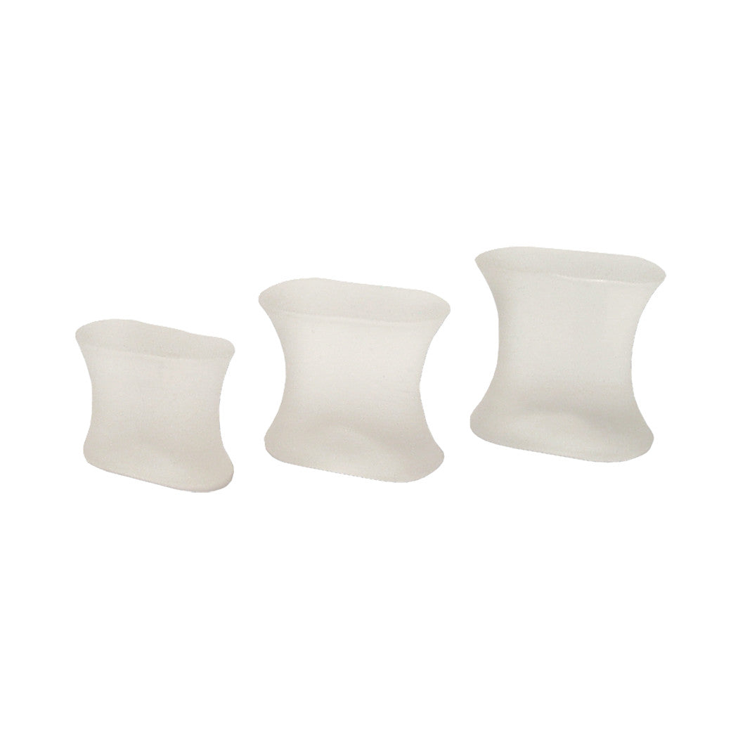 Three translucent Silipos Gel Toe Spreaders of varying sizes are displayed, designed to separate and cushion toes.