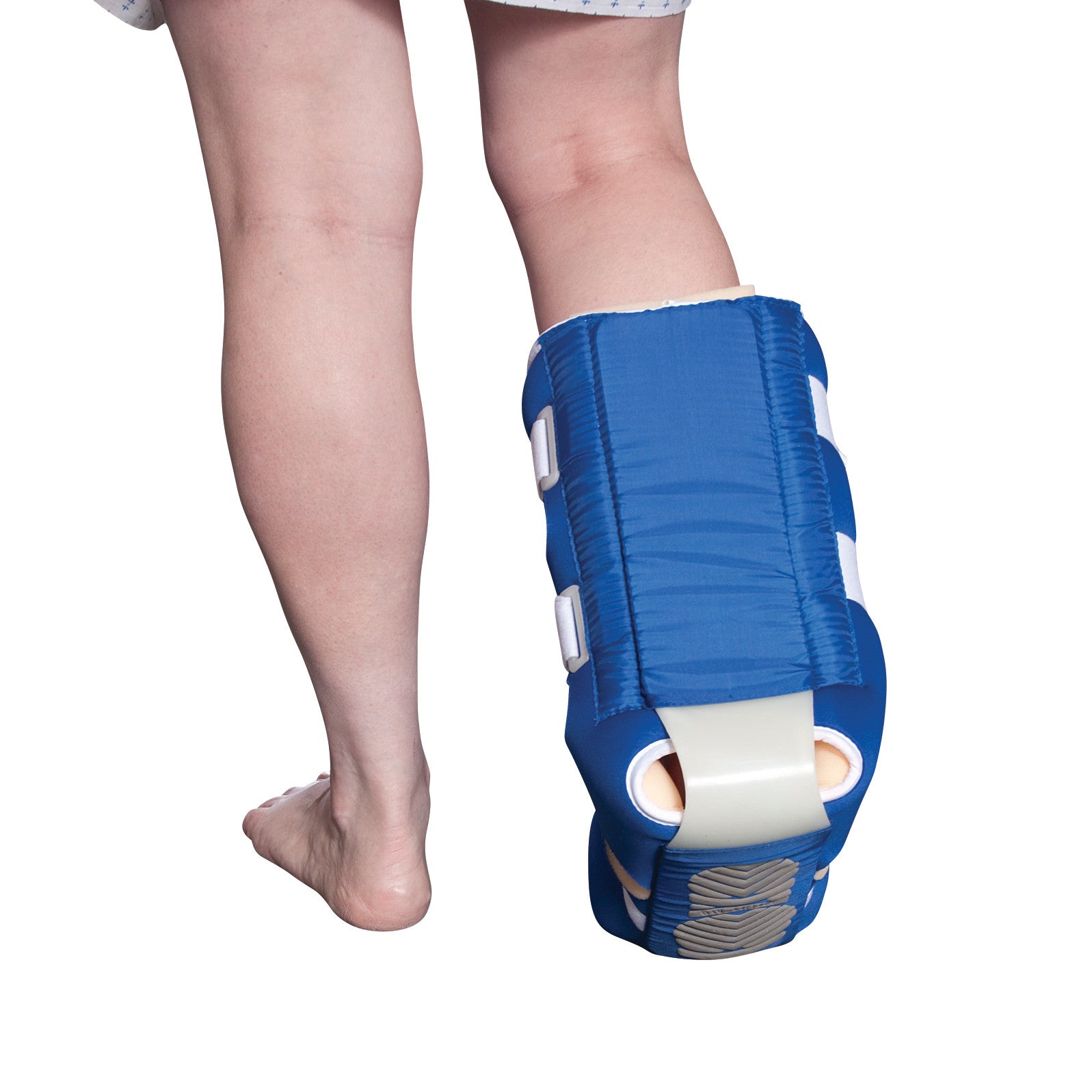 A person wearing a HEELIFT AFO on their leg. The blue orthopedic boot provides support with straps and a foam structure.