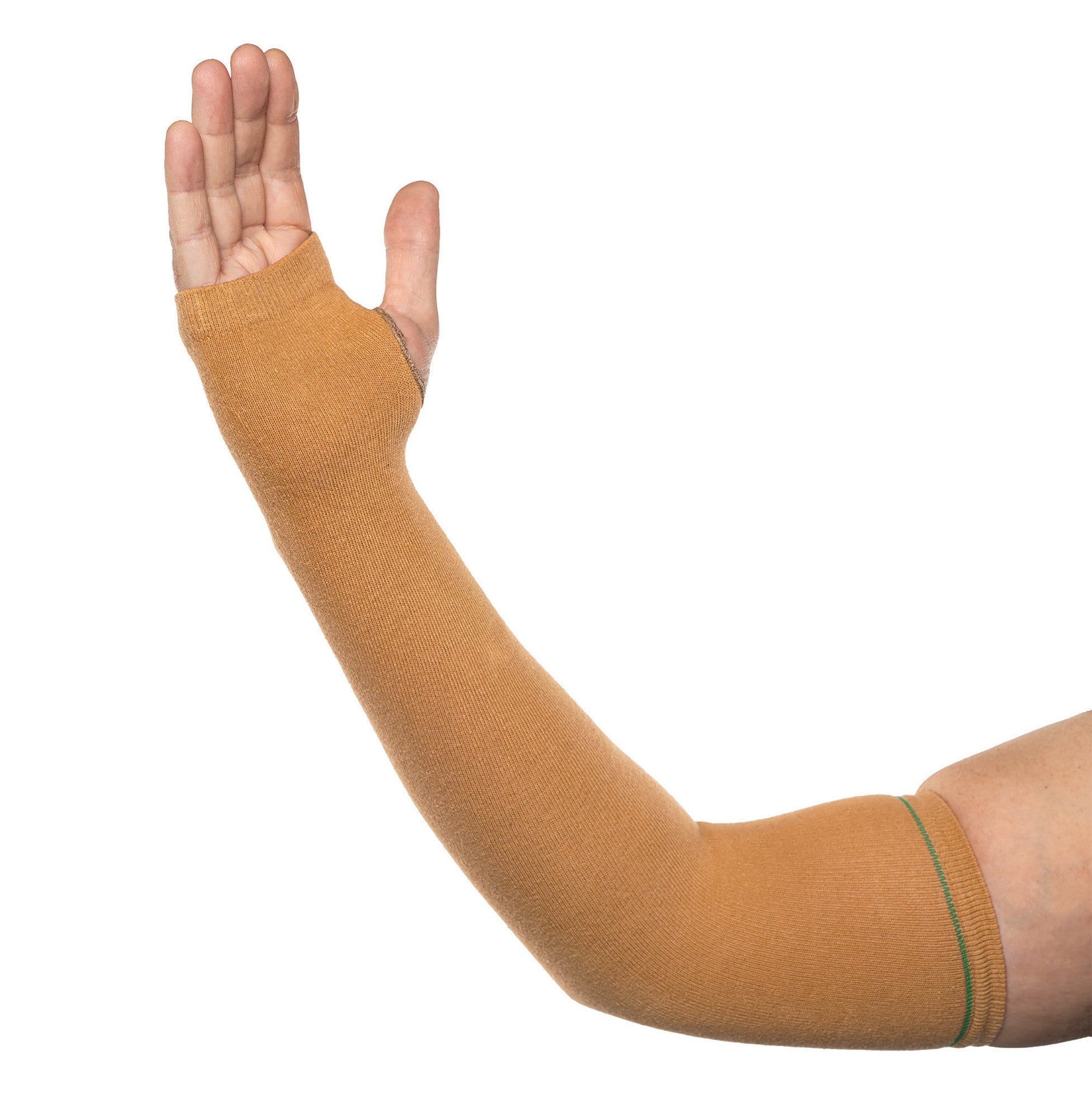 A person's arm wearing an AliMed Arm or Leg Sleeve, made of tan fabric, covering from the wrist to the upper arm with a thumb hole.