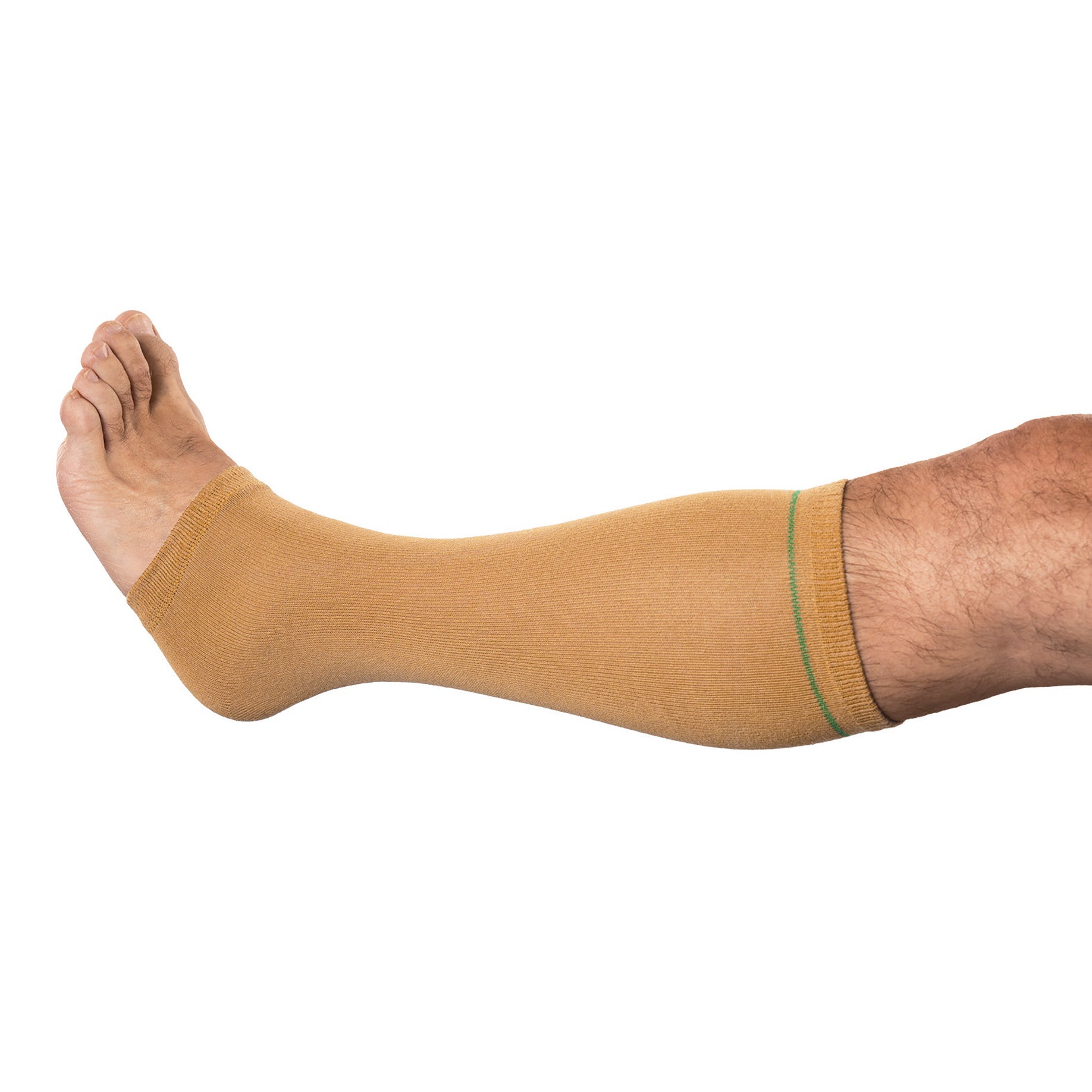 An extended leg wearing the AliMed Arm or Leg Sleeve in beige, showing the foot and knee. The sleeve is snug and seamless.