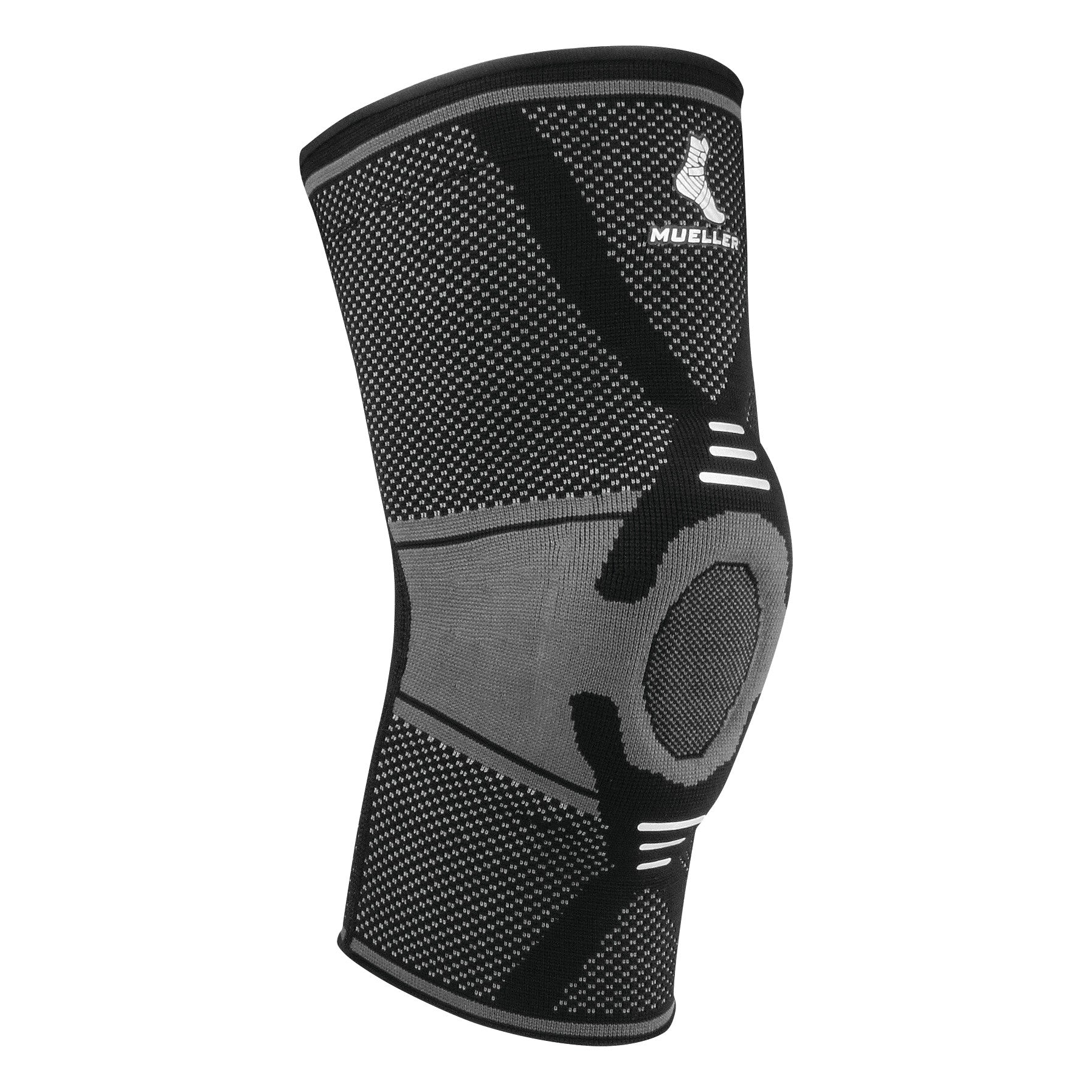 Mueller Omniforce Knee Support in black and gray, featuring a knitted pattern and reinforced areas for the knee joint.