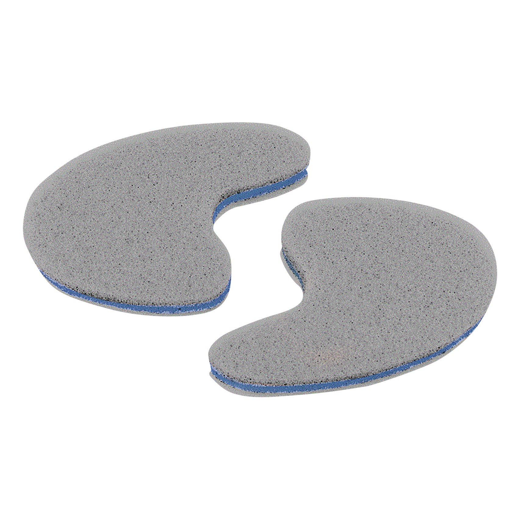 Two gray Silipos Foam Toe Separators with a blue layer are shown. They have a curved, ergonomic shape for separating toes.