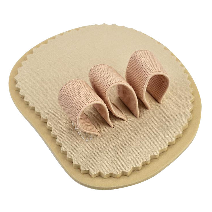 Silipos Toe Splint for overlapping toes; a beige, fabric-covered pad with three soft loops for toe alignment and protection.