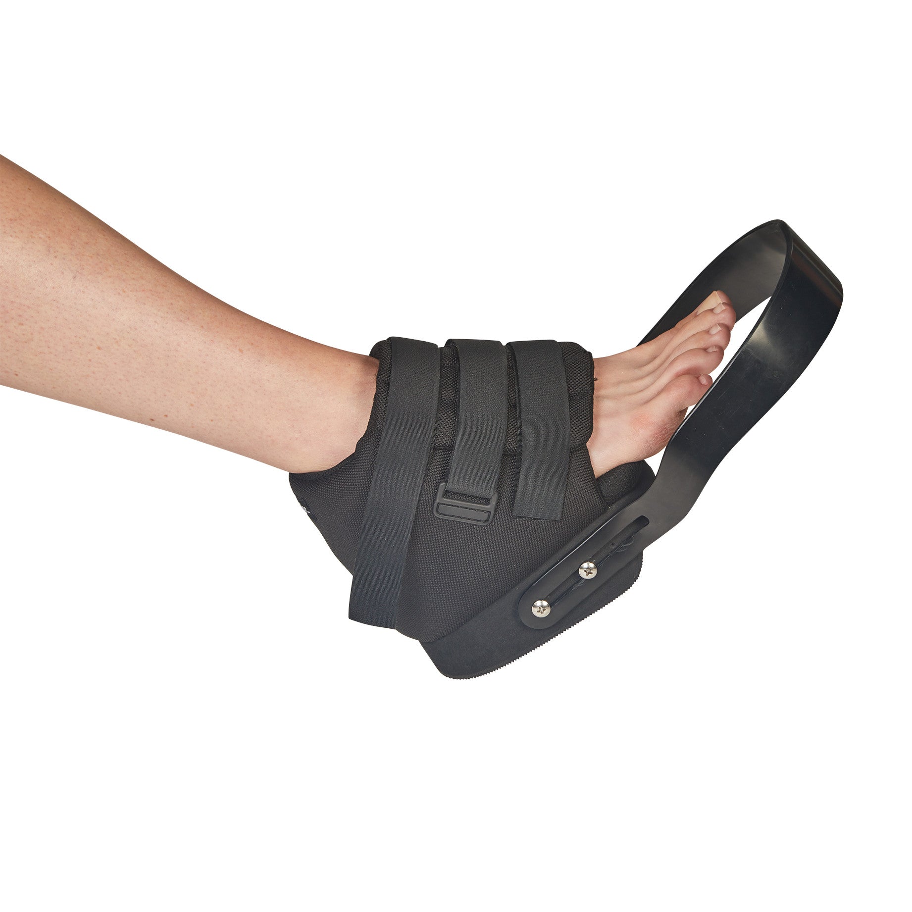 A foot wearing the AliMed Open Forefoot Orthosis, a black orthopedic device with adjustable straps and an open design.