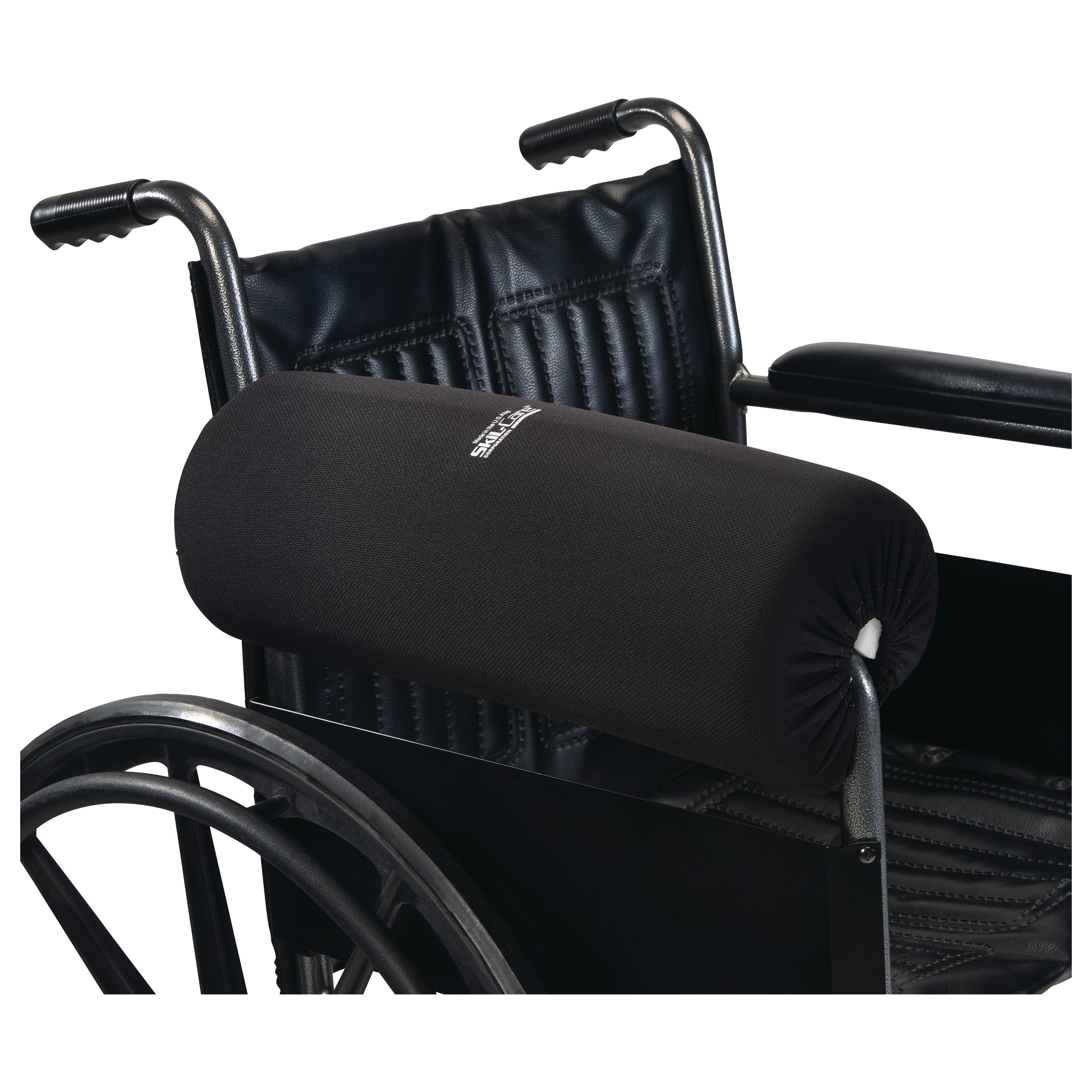 A wheelchair with a SkiL-Care Lateral Stabilizer Full-Arm Armrest Bolster, providing additional arm support and comfort.