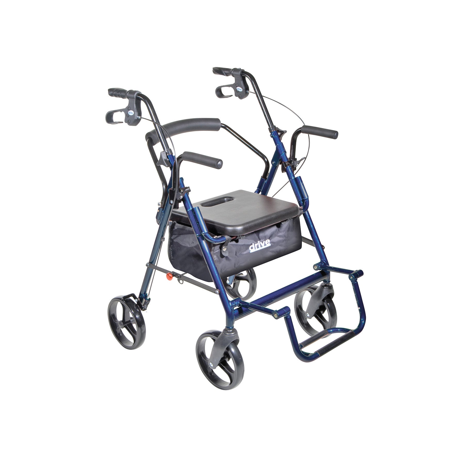 Drive Medical The Duet Transport Chair and Rollator, blue frame, features hand brakes, a padded seat, and a storage bag.