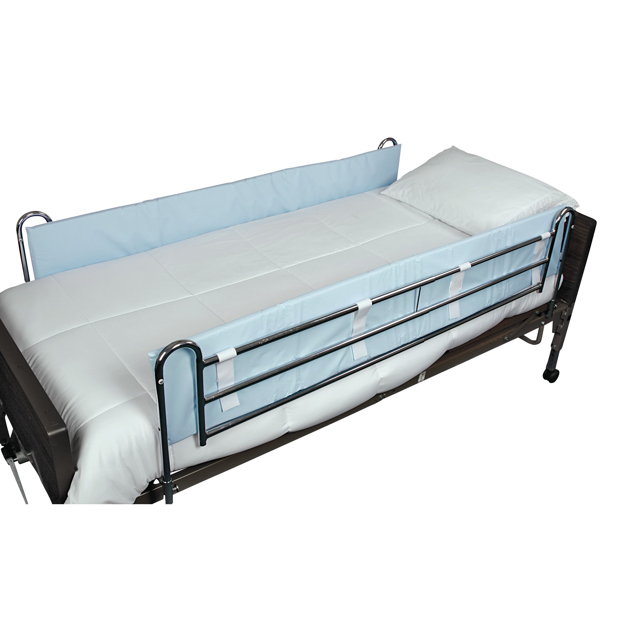 A hospital bed features the NYOrtho Side Rail Bumper in light blue, providing padding and protection on the bed's side rail.