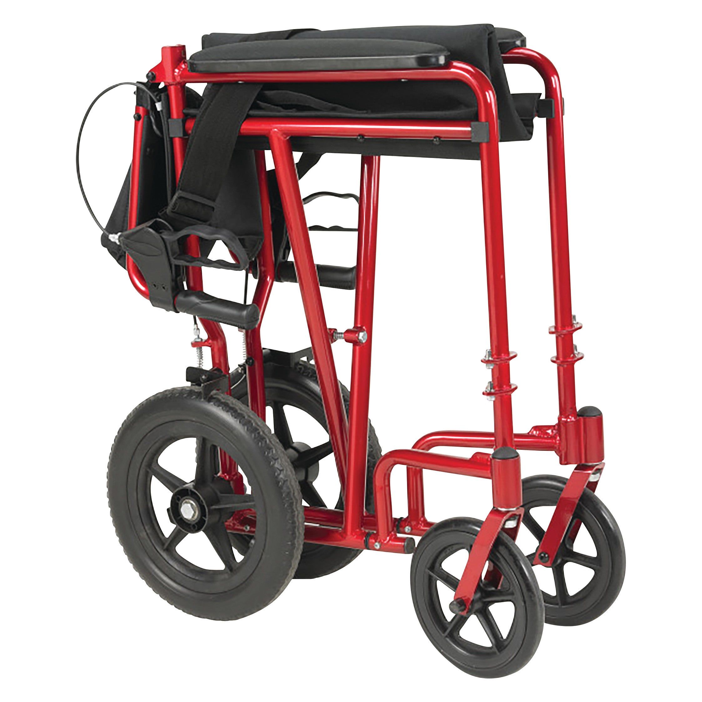 Folded red Drive Medical Expedition Transport Chair with Loop Lock, featuring large rear wheels and smaller front wheels.