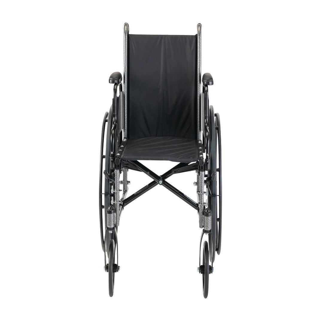 Front view of the Invacare Tracer SX5 Wheelchair with Desk Arms, featuring a black seat and steel frame.