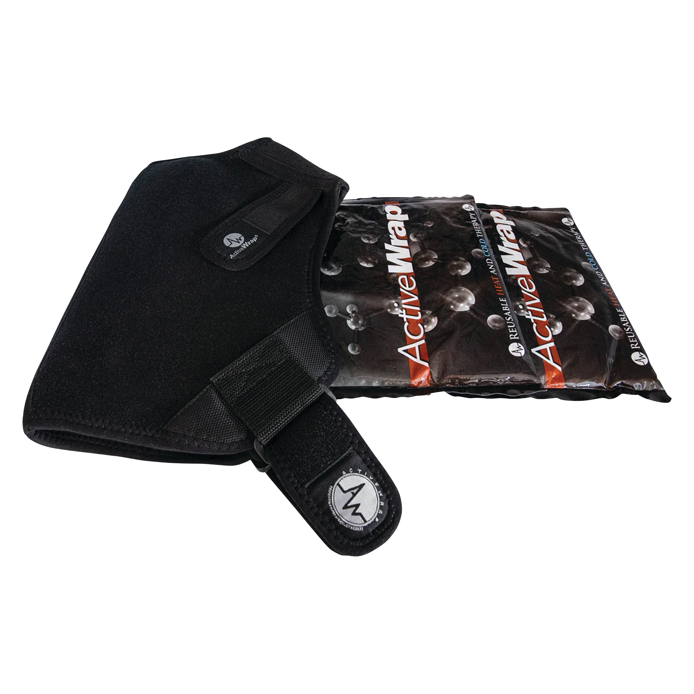 Black shoulder support and two gel packs labeled "ActiveWrap," designed for hot/cold therapy.