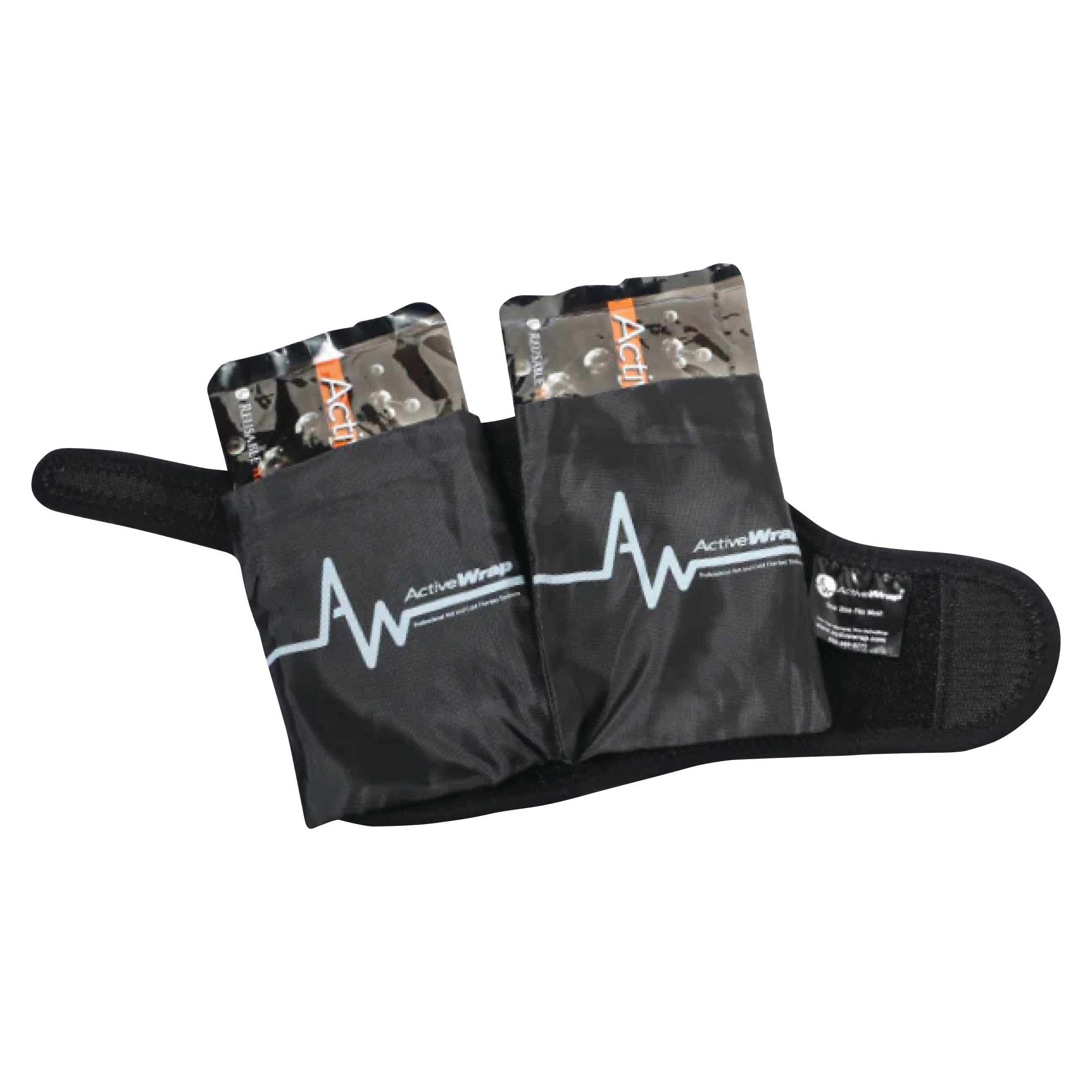 An ActiveWrap hot and cold therapy wrap with two gel packs in black pockets, designed for adjustable use with a strap.