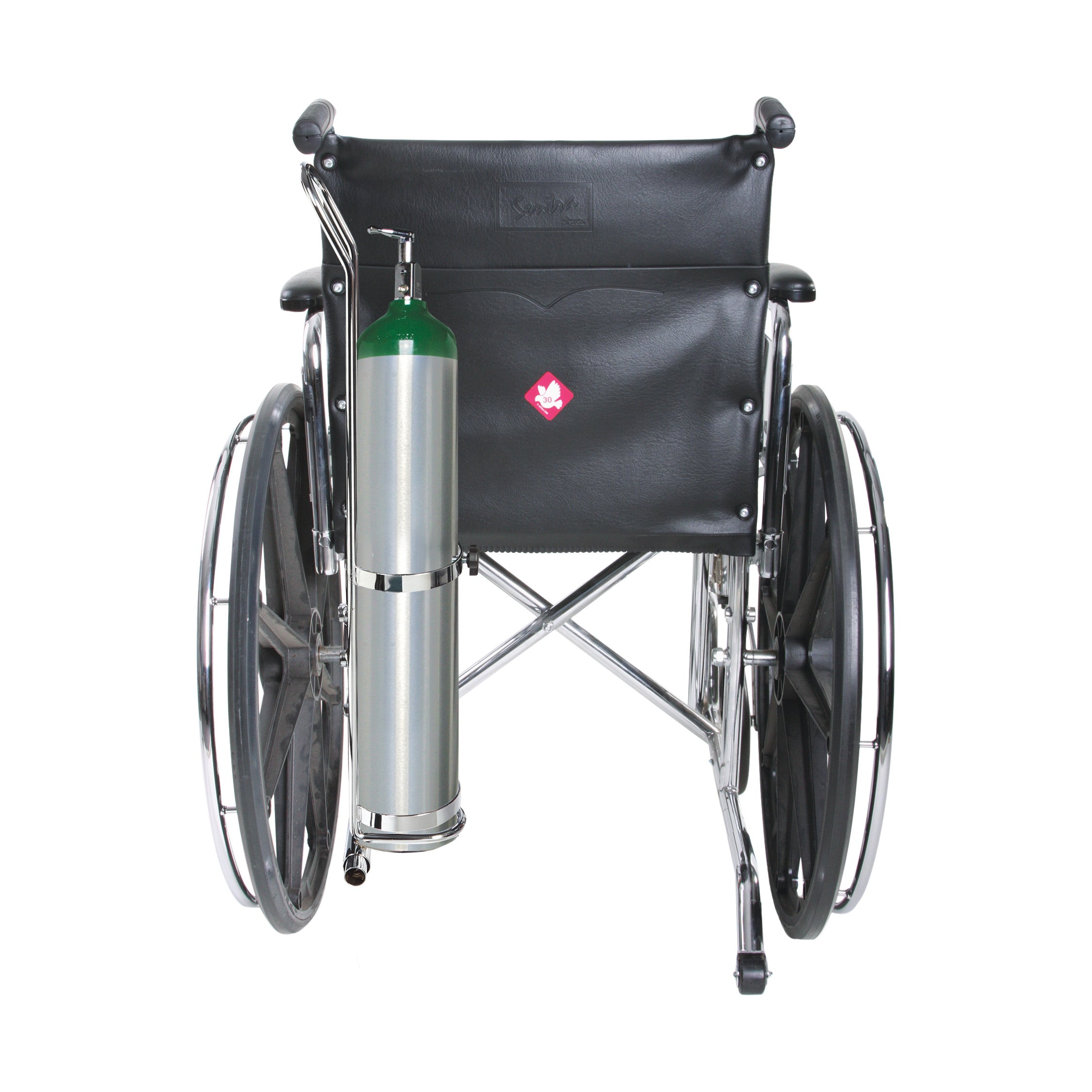 A wheelchair with an "Oxygen Tank Holder for Wheelchair" attached at the back, holding an oxygen tank securely in place.