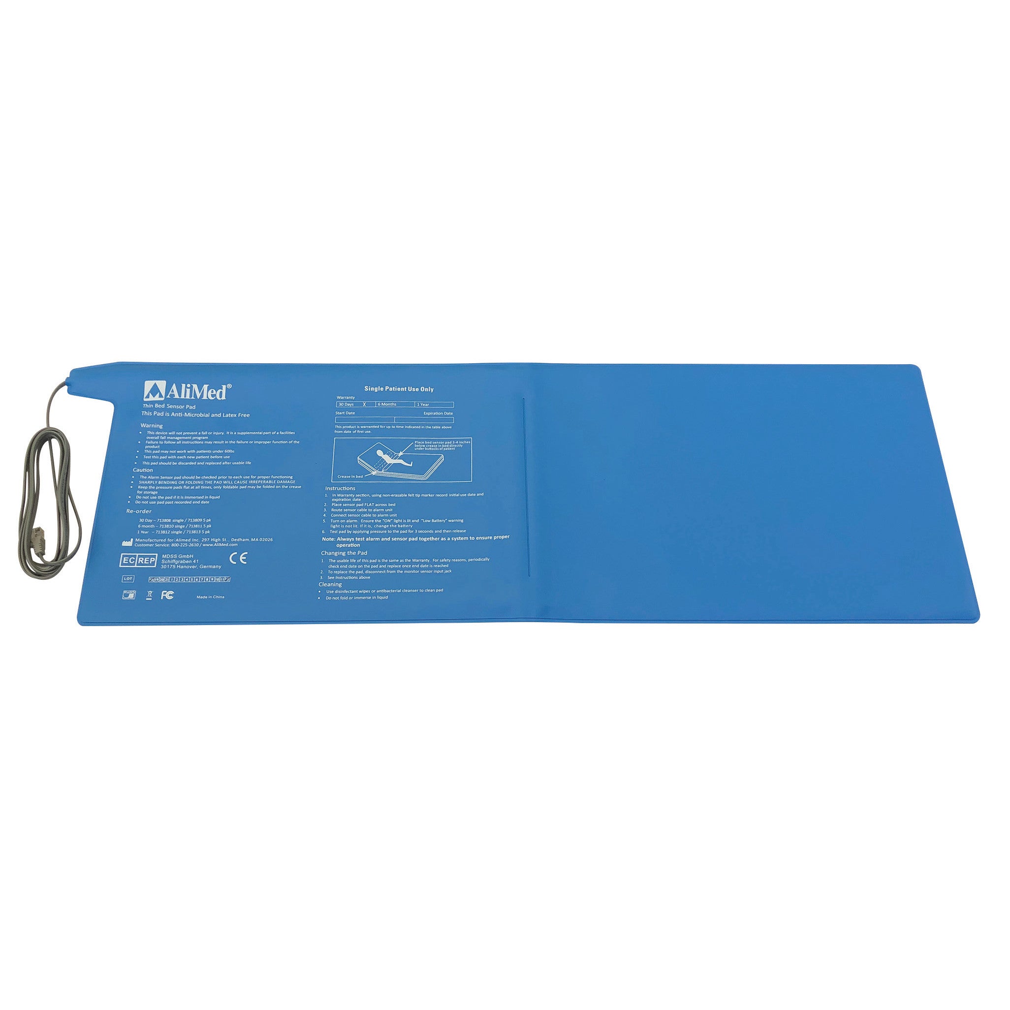 AliMed Corded Bed Pressure Sensor Pad in blue with a cord attached, featuring printed instructions and symbols on its surface.