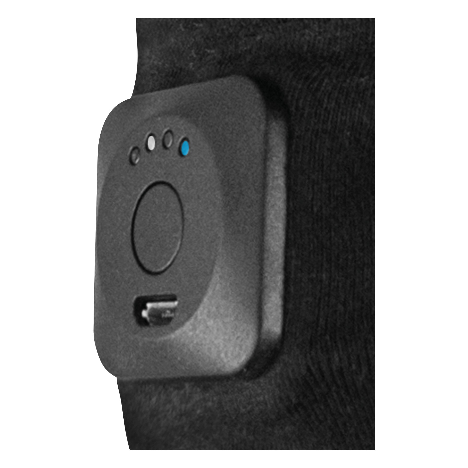 Close-up of a control panel on the Intellinetix Therapy Gloves, featuring buttons and a charging port.