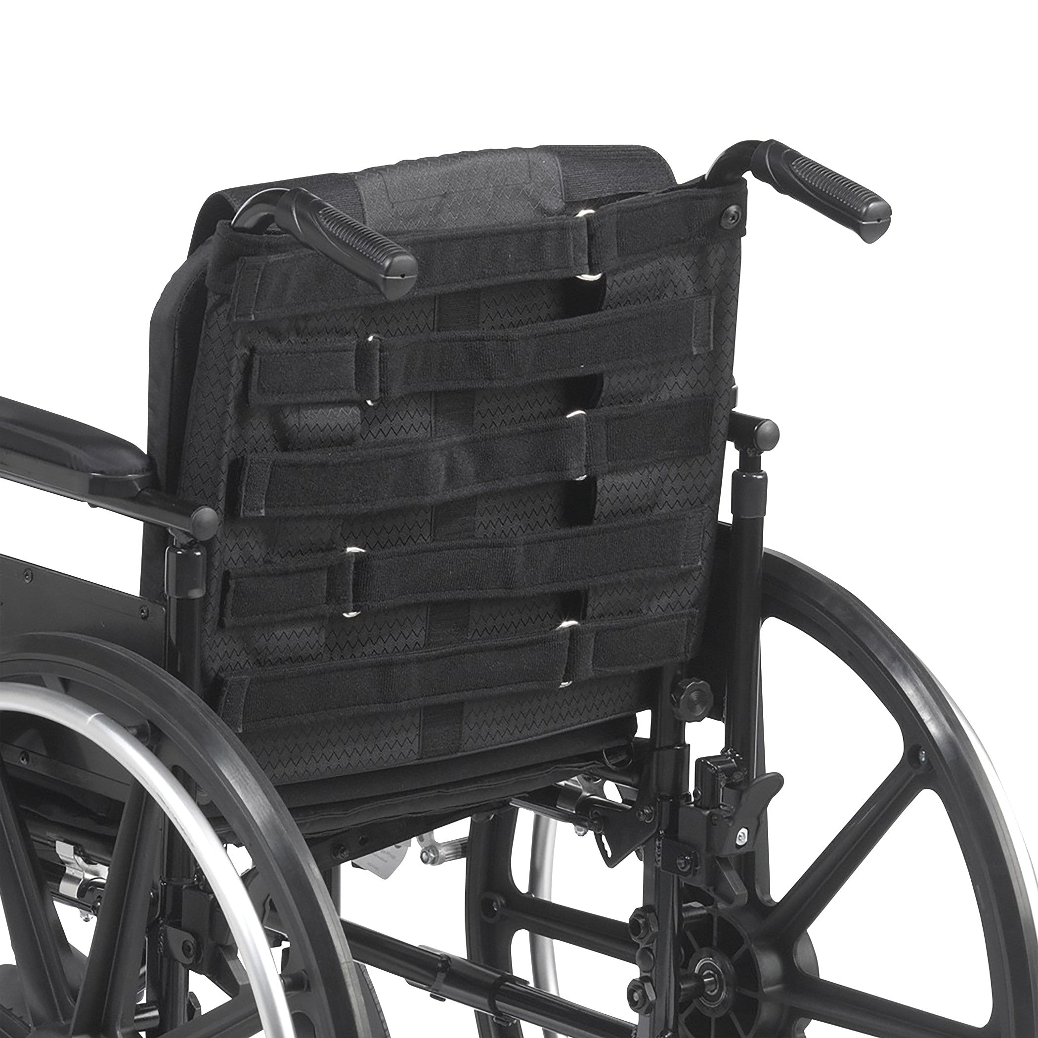 A wheelchair features the Protekt Adjustable Tension Back, with black straps and handgrips for comfort and support.